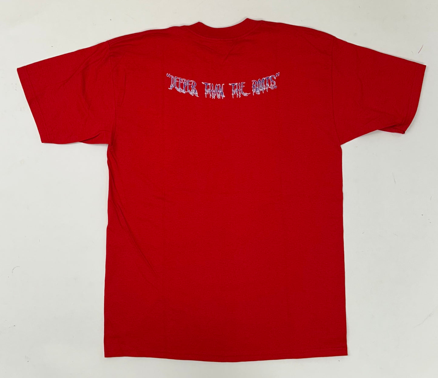 Edgewood NJ first edition “Deeper Than The Roots.” Tee 00s Gildan Ultra Cotton 100% Cotton Honduras Cherry Red