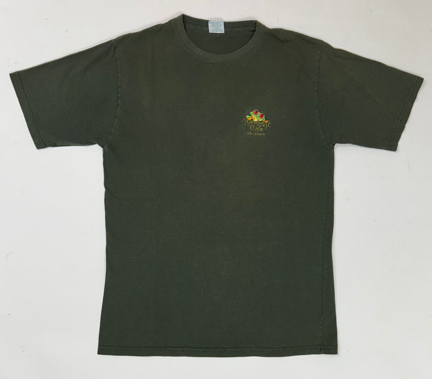 Vintage 90s Rainforest Cafe Chest Embroidered Logo Tee Medium 20x29.25 Faded Green