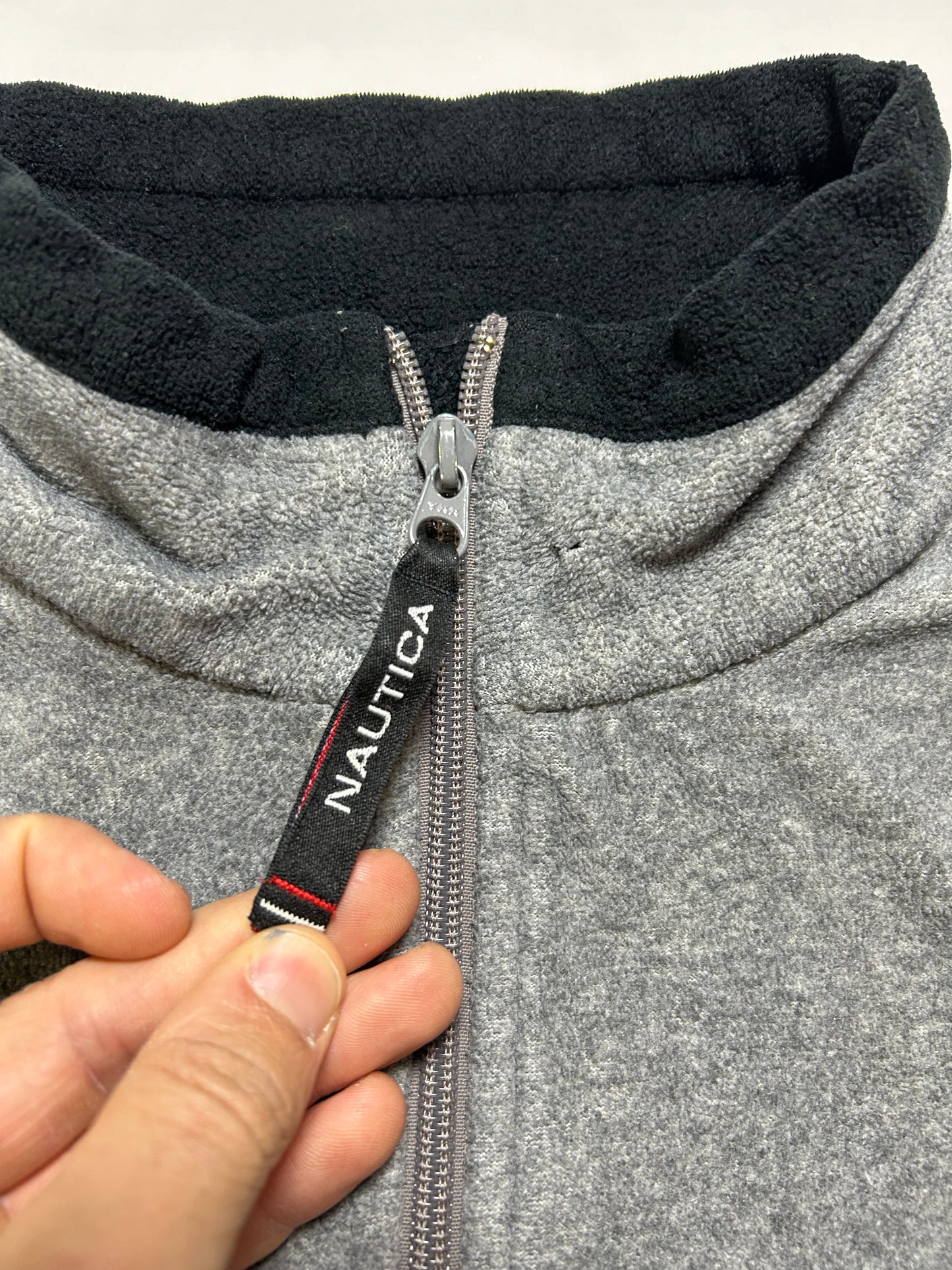 Vintage 90s Nautica Competition 1/4 Zip Fleece Pullover Made In USA Gray M/L Fit 24.25x27.5 Inches