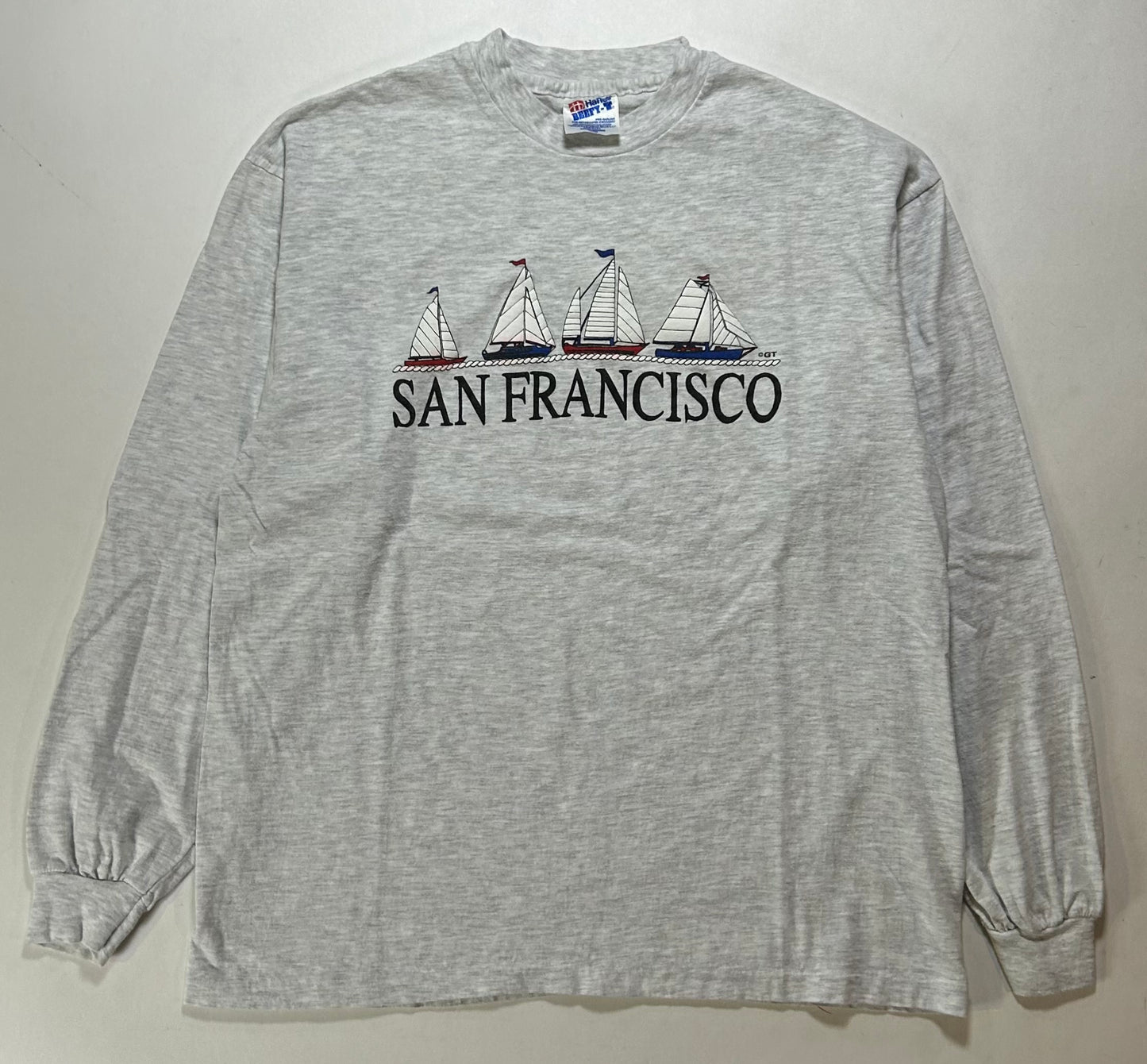 Vintage 90s San Francisco Sailboats Graphic Long Sleeve Tee Large/Medium 21.5x27 Inches Gray