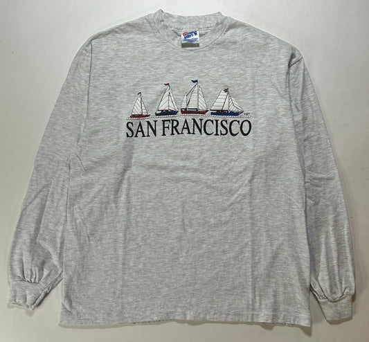 Vintage 90s San Francisco Sailboats Graphic Long Sleeve Tee Large/Medium 21.5x27 Inches Gray
