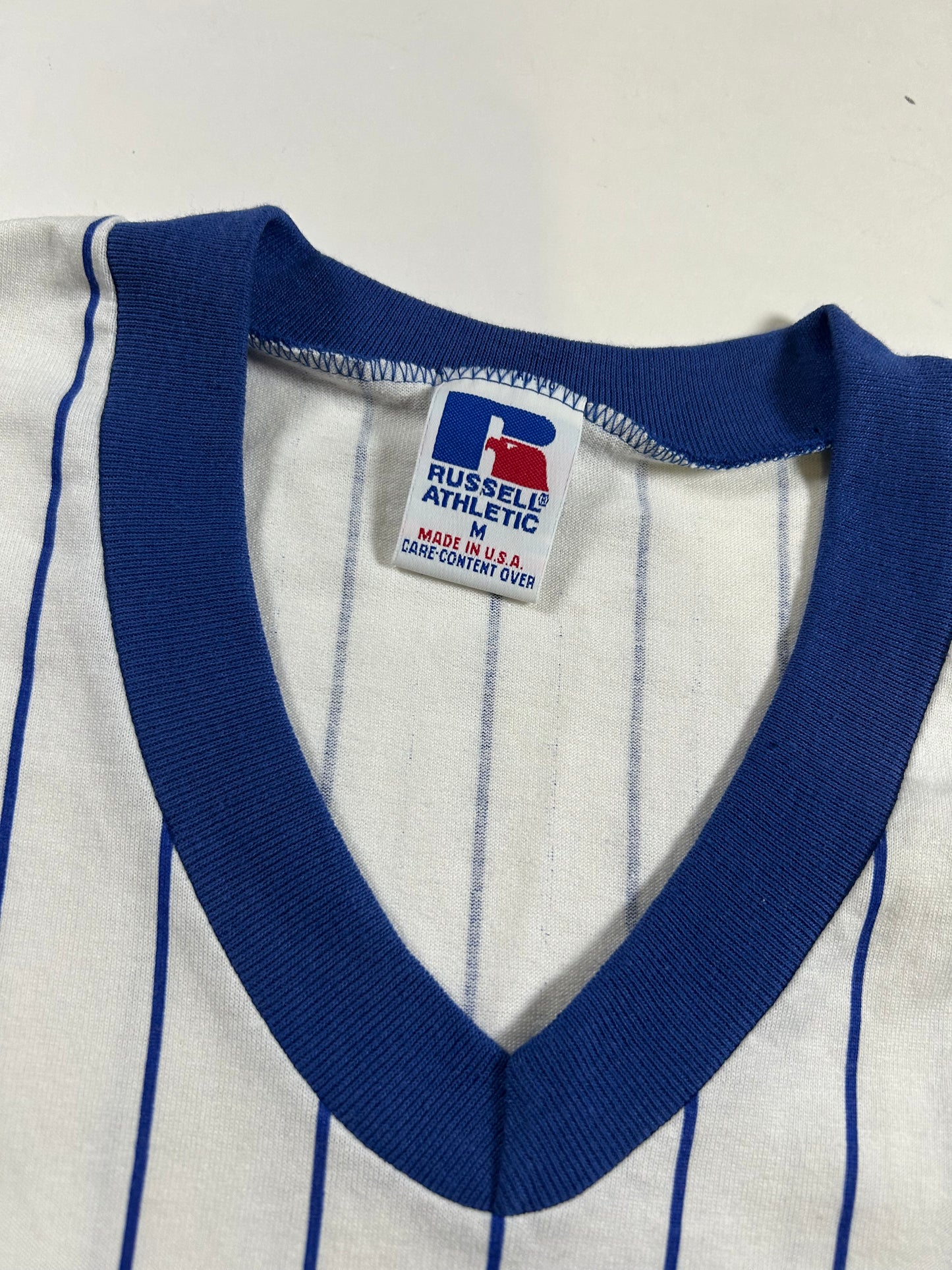 Vintage 90s Russell Athletic New York Mets MLB Pinstripe Baseball Jersey Style Tee Medium 20x29.5 Inches Small Spot