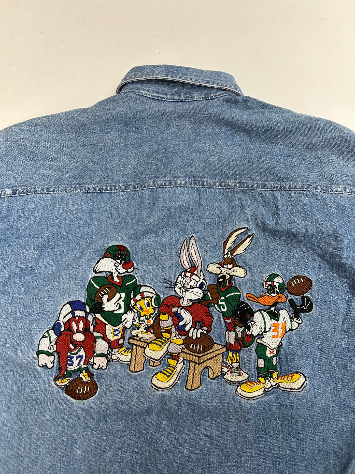 Vintage 1993 Acme Clothing Co. Warner Bros Football Embroidered Logo Denim Button Up Shirt Medium 23.75x30.75 Inches