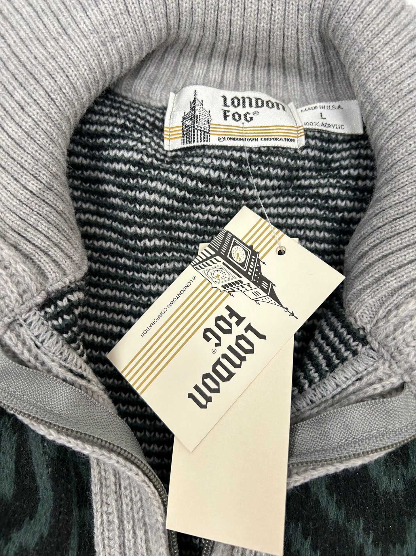 Vintage London Fog Sweater Gothic Zipper Sweater 100% Acrylic Full Zip USA Large 23.5x29 Inches
