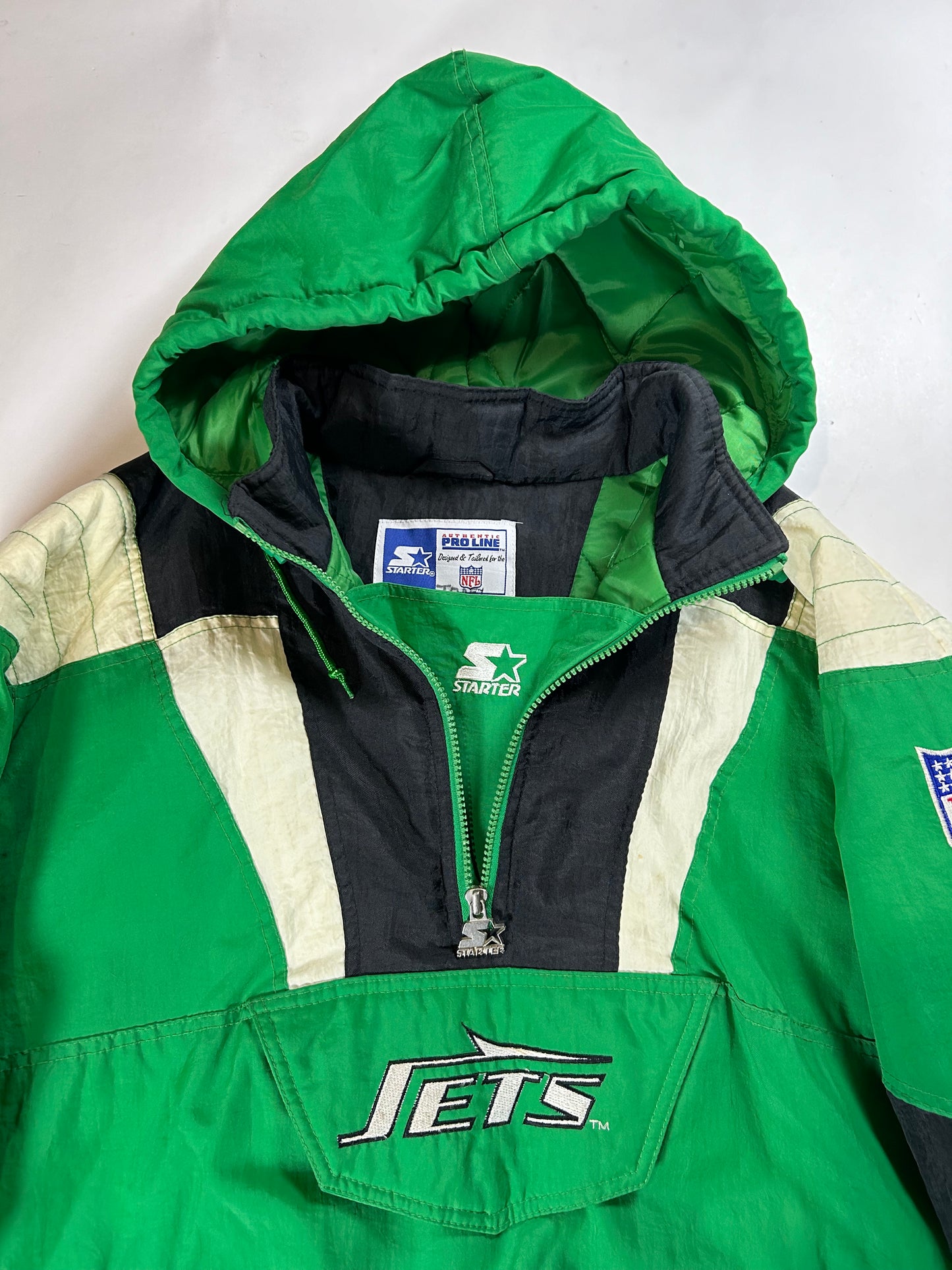 Vintage 90s Starter Authentic Pro Line New York Jets NFL Pouch Pullover Puffer Jacket XL 25.5x29.25 Inches