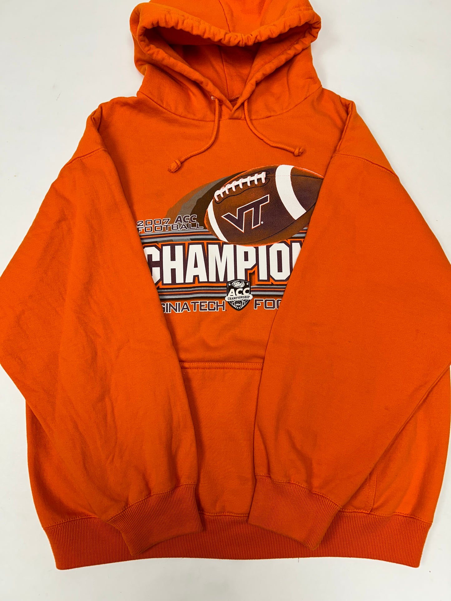 2007 Virginia Tech ACC Football Champions Hooded Sweatshirt Orange Medium 23.75x27 Inches