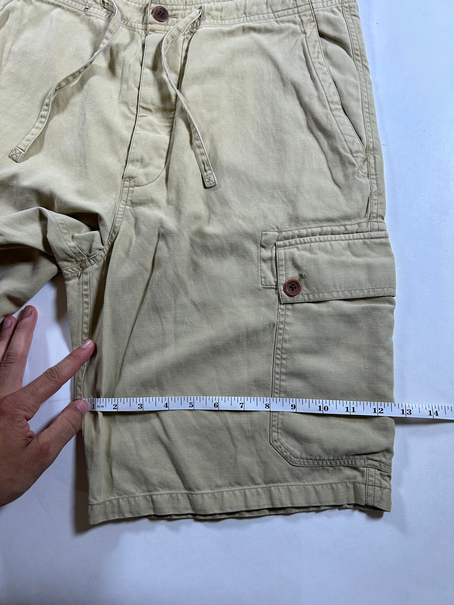 Vintage Polo Ralph Lauren Cargo Shorts Linen Silk Beige Drawstring Military Size 30 16.5x22.5 Inches