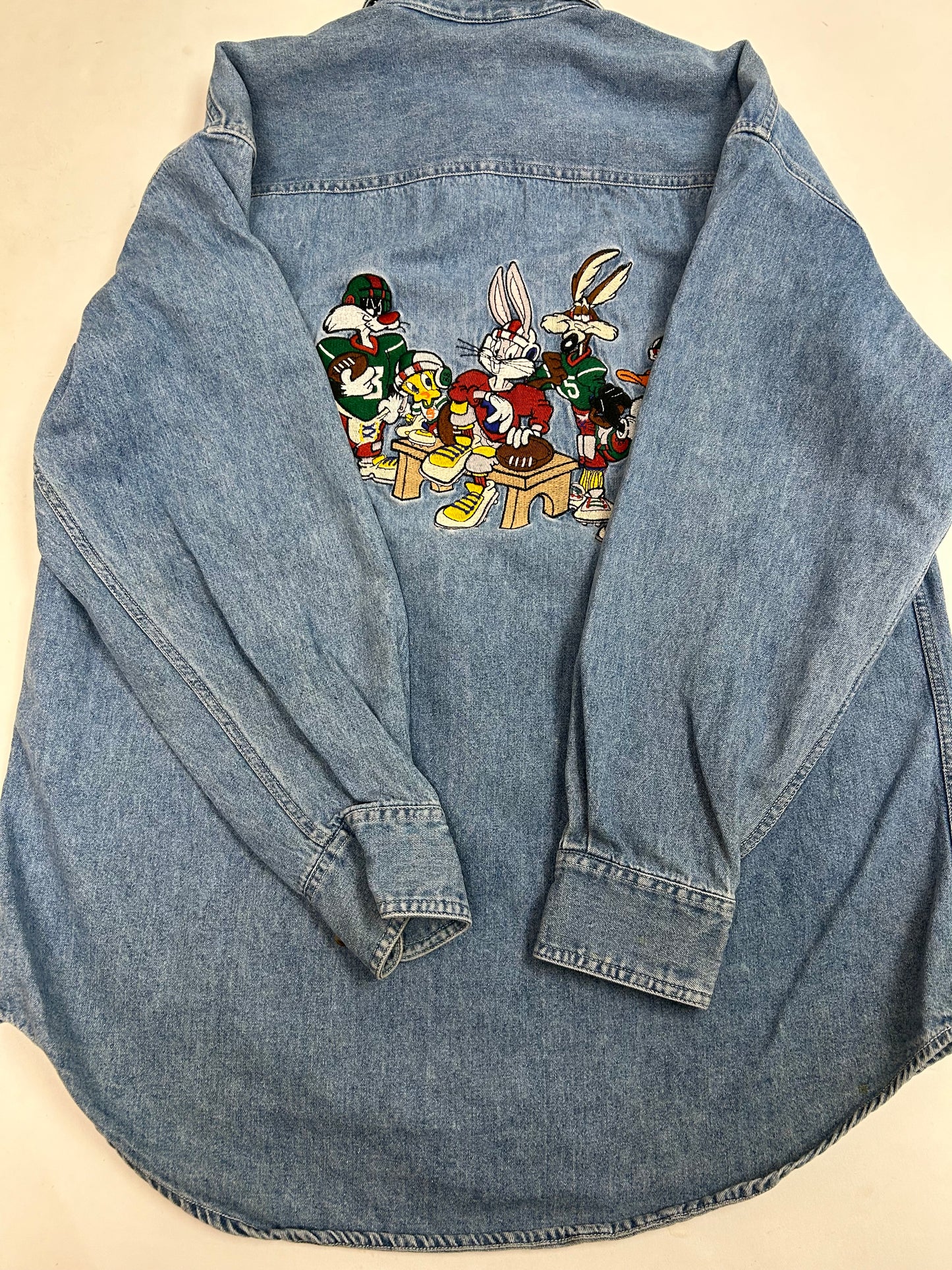 Vintage 1993 Acme Clothing Co. Warner Bros Football Embroidered Logo Denim Button Up Shirt Medium 23.75x30.75 Inches