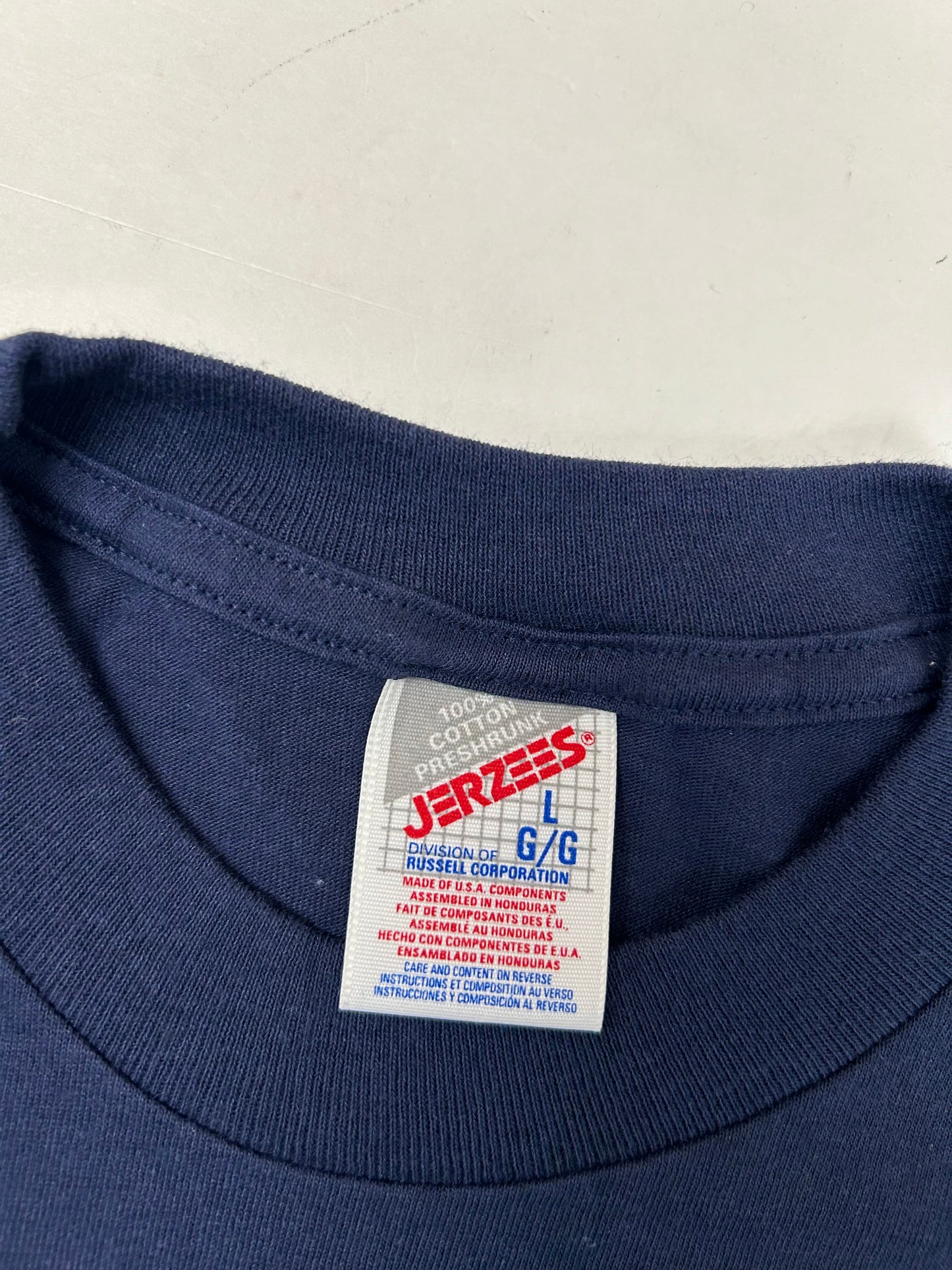 Edgewood NJ first edition “Deeper Than The Roots.” Tee Large 21.5x31.25 Inches 90s JERZEES 100% Cotton USA Navy Blue