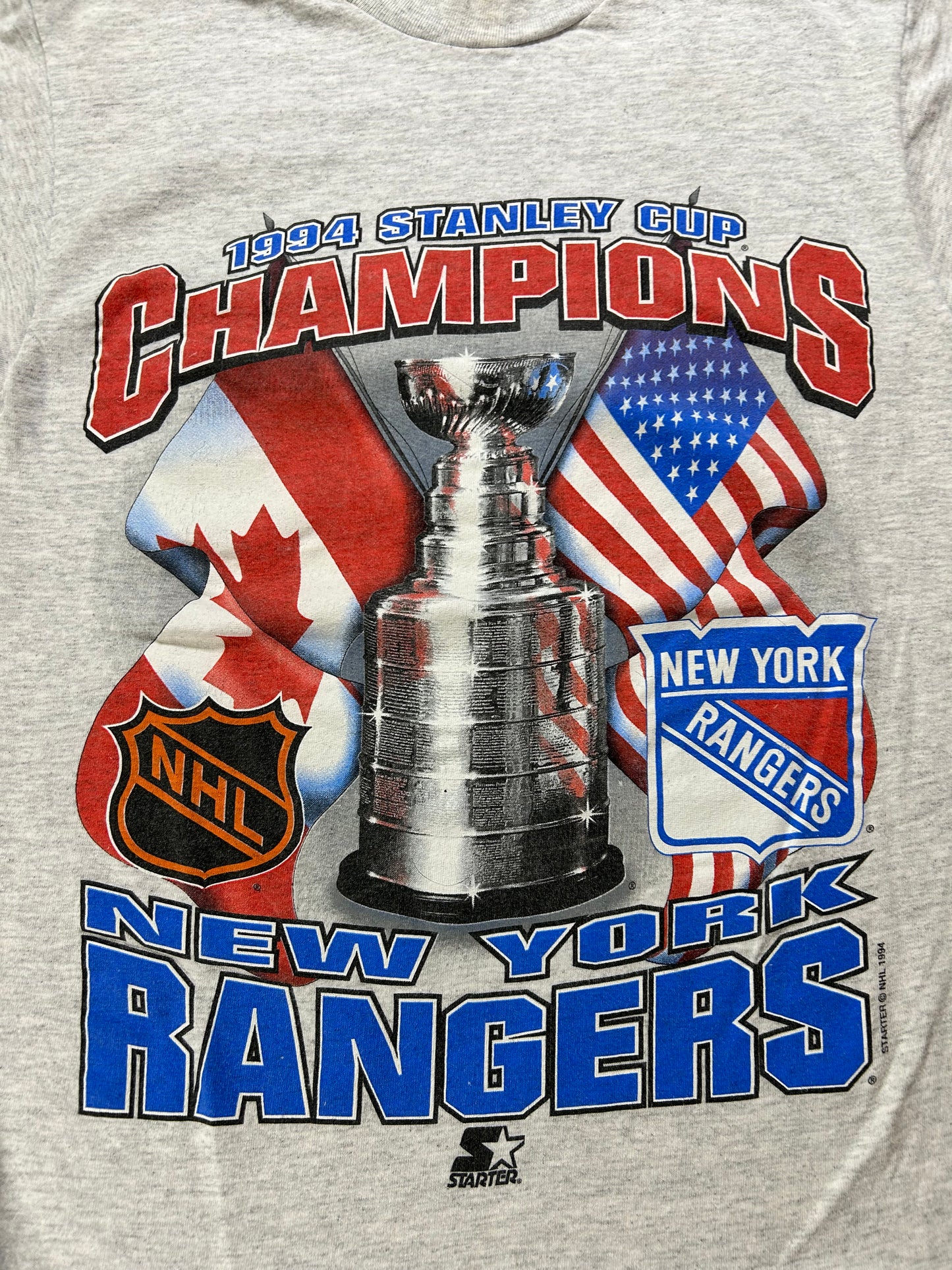 Vintage Starter New York Rangers 1994 NHL Stanley Cup Champions Tee Small 17.25x24.75 Inches Gray