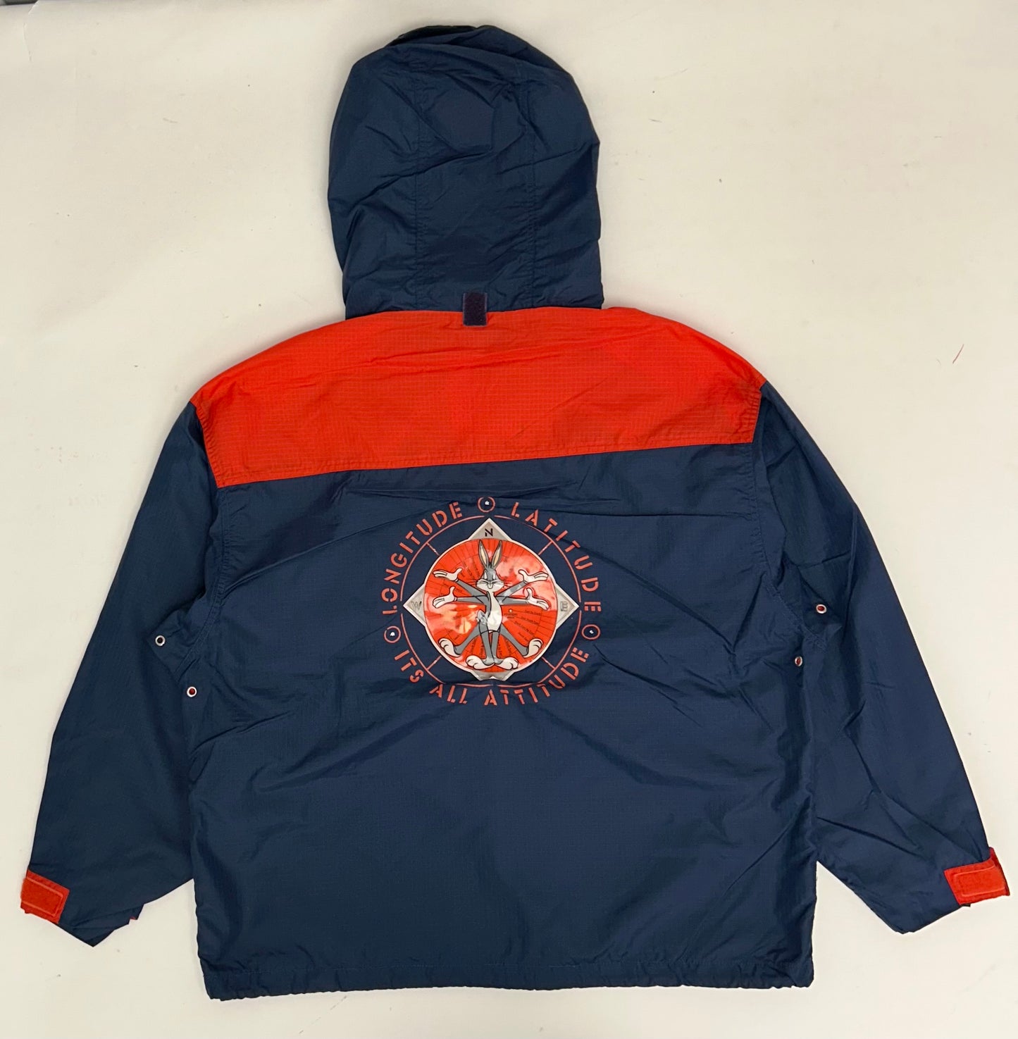 Vintage 1996 Warner Bros. Looney Tunes Bugs Bunny Longitude/Latitude Windbreaker Jacket Large 27.25x29.25 Inches Can Fit XL