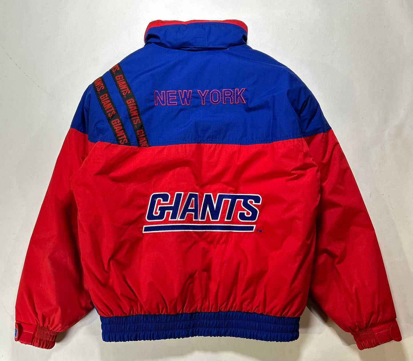 Vintage New York Giants NFL Puffer Packable Hood Jacket Large 25.75x29 Inches