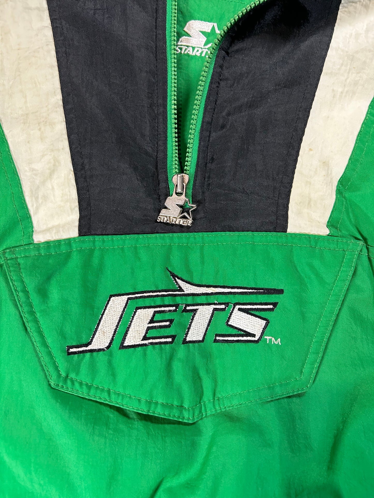 Vintage 90s Starter Authentic Pro Line New York Jets NFL Pouch Pullover Puffer Jacket XL 25.5x29.25 Inches