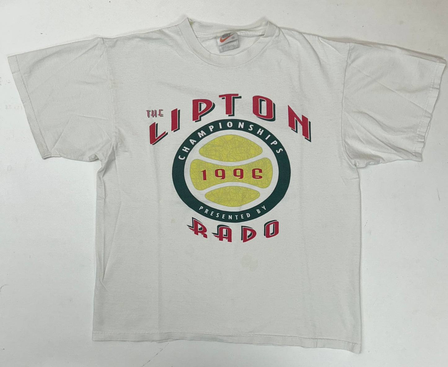 Vintage Nike 1996 The Lipton Rado Championships Tennis Tee Worn As Is White Tag Boxy M/L Fit 21.25x25.25 Inches