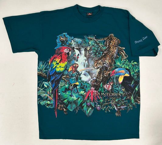 Vintage Bronx Zoo Habitat Rainforest Animal All Over Print Blue T Shirt 90s NYC XL 23.75x31 Inches