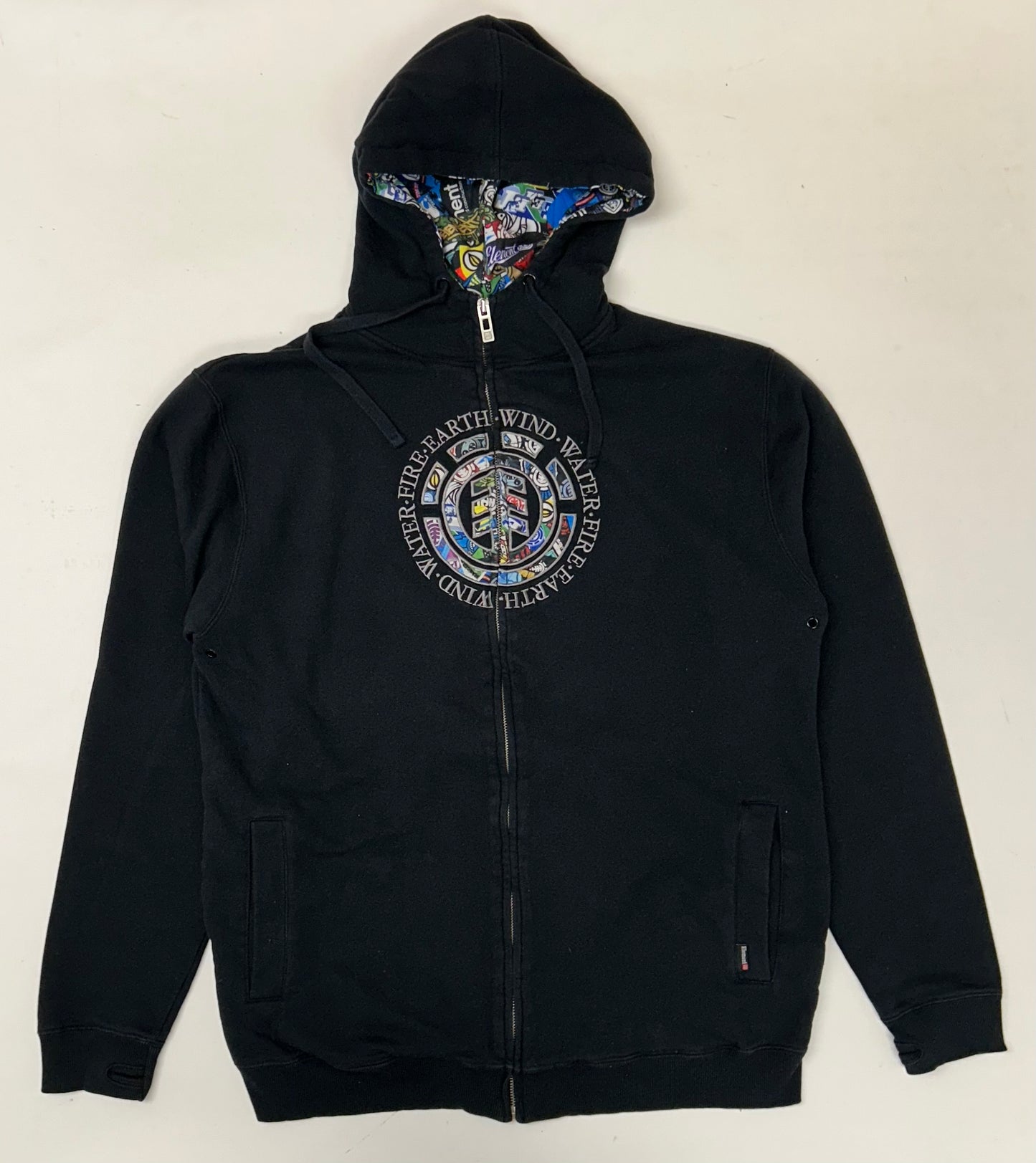 Vintage 00s Element Skatboards Earth•Wind•Water•Fire Collage Print Zip Up Hooded Sweatshirt XL/L Fit 24.25x30.25 Inches