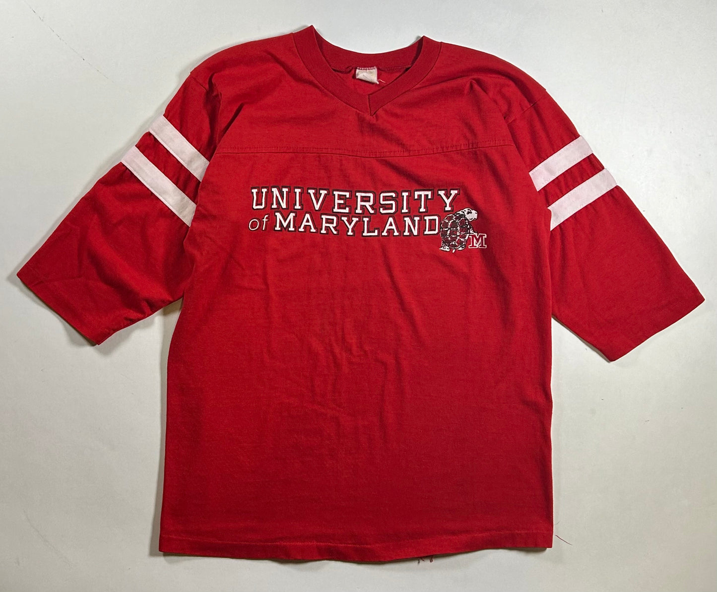 Vintage University of Maryland College Red 3/4 Sleeve Tee Velva Sheen 80s 18.5x25 Inches