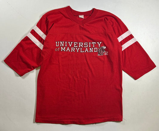 Vintage University of Maryland College Red 3/4 Sleeve Tee Velva Sheen 80s 18.5x25 Inches