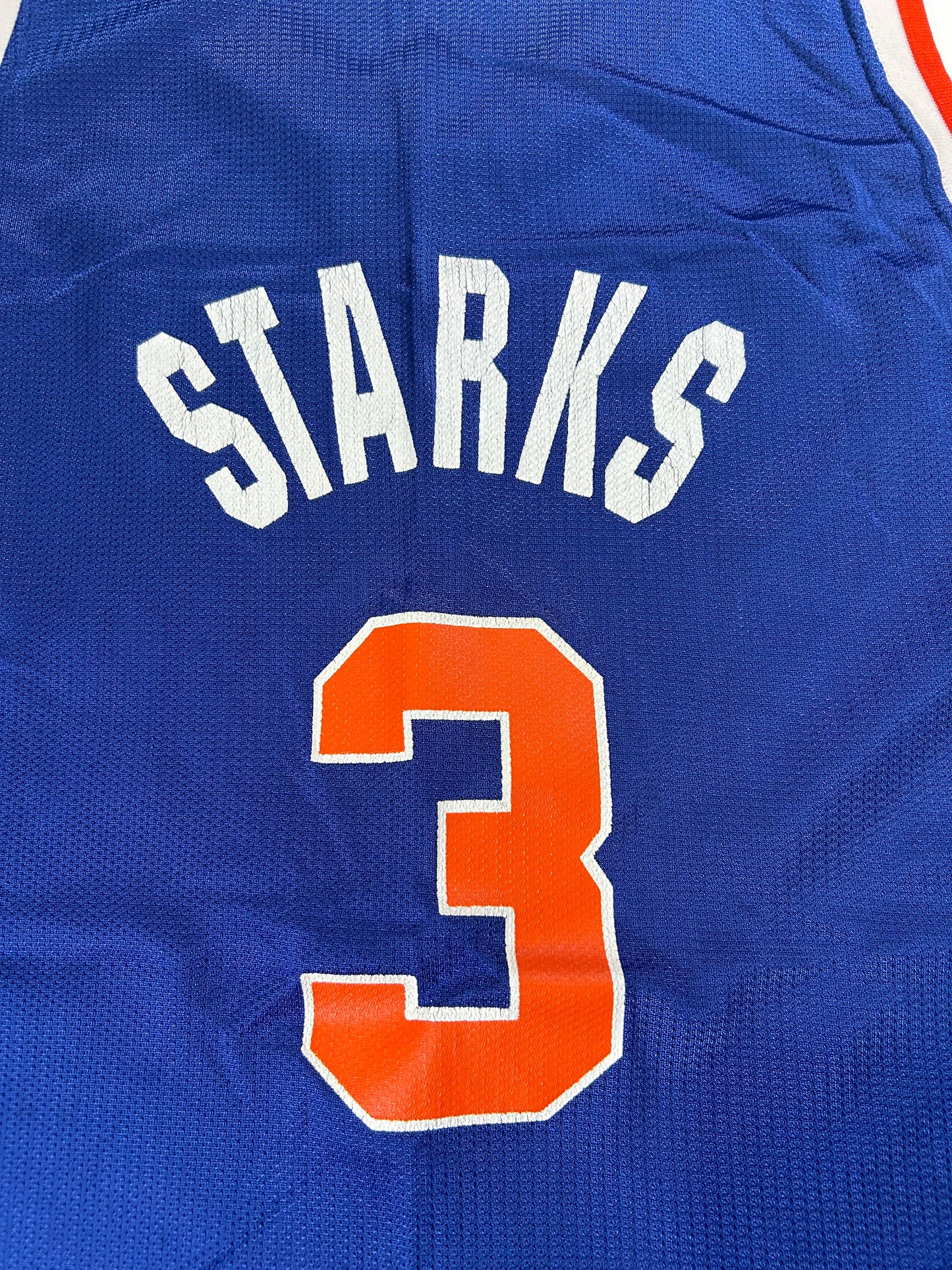 Vintage 90s Champion John Starks #3 New York Knicks NBA Felt Patch Jersey Blue 48 XL 23.5x32.5 Inches