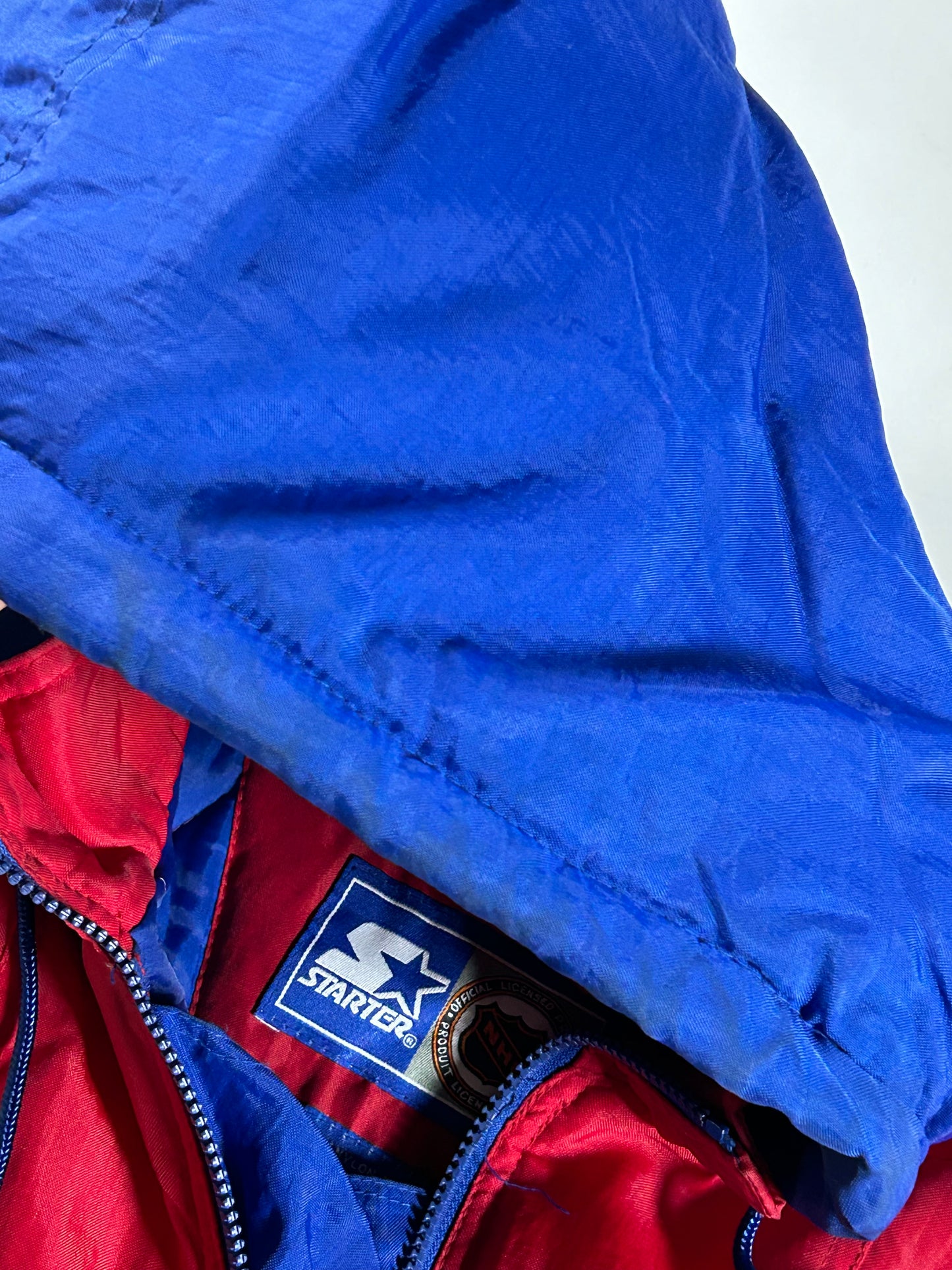 Vintage 90s Starter New York Rangers NHL Pullover Puffer Jacket Half Zip Hooded Jacket XL 29x30.25 Inches