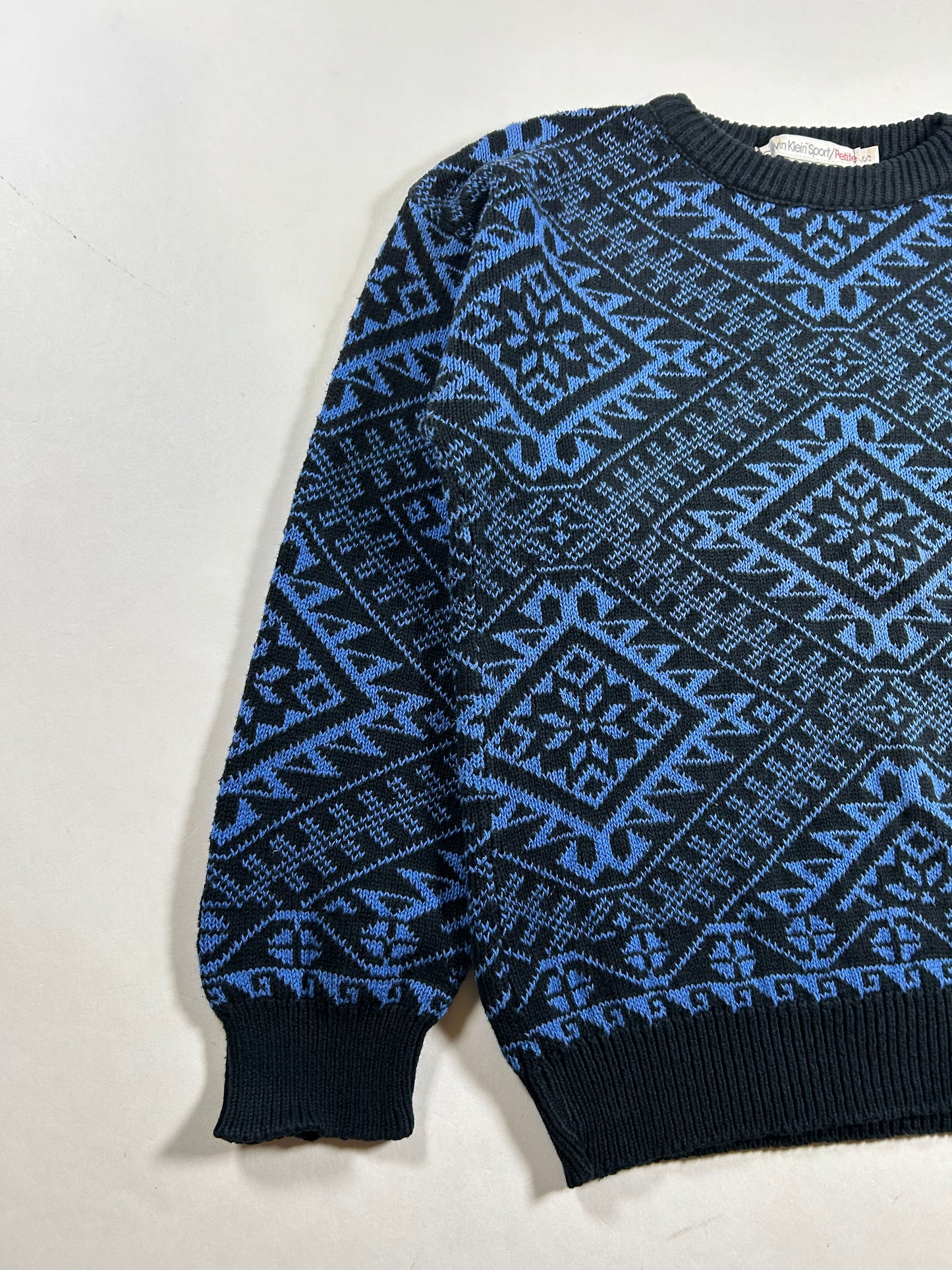 Vintage Calvin Klein Sport Petite Blue Black Geometric 90s USA Made Small Women’s 19x22 Inches