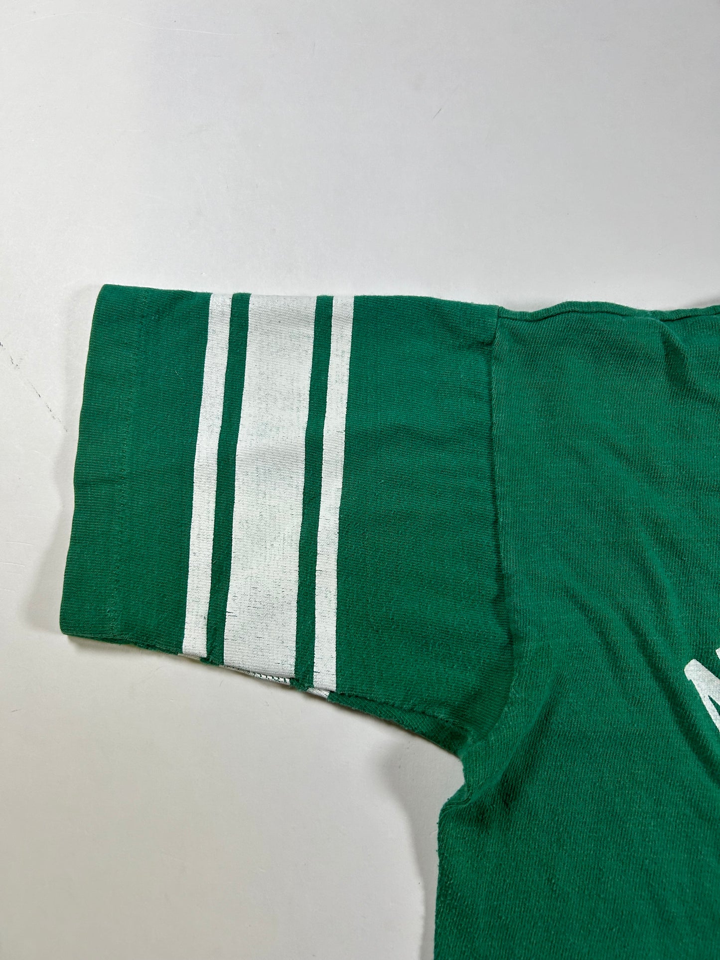 Vintage 70s Notre Dame Champion Blue Bar Green Jersey Style Tee 18.25x26 Inches Small Fit As Is