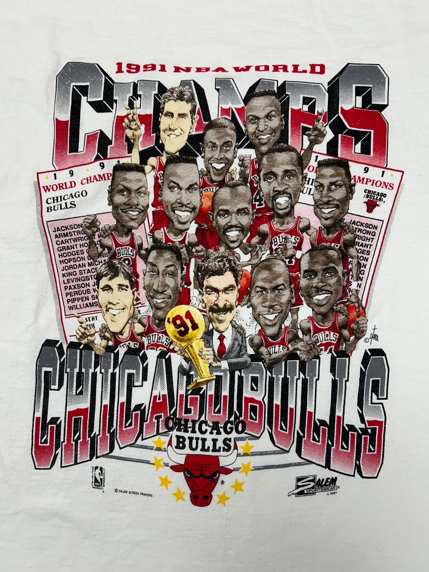 Vintage 1991 Chicago Bulls NBA World Champs Caritcure Team First Championship Salem Sportswear Graphic Tee L/XL 22.25x30.75 Inches