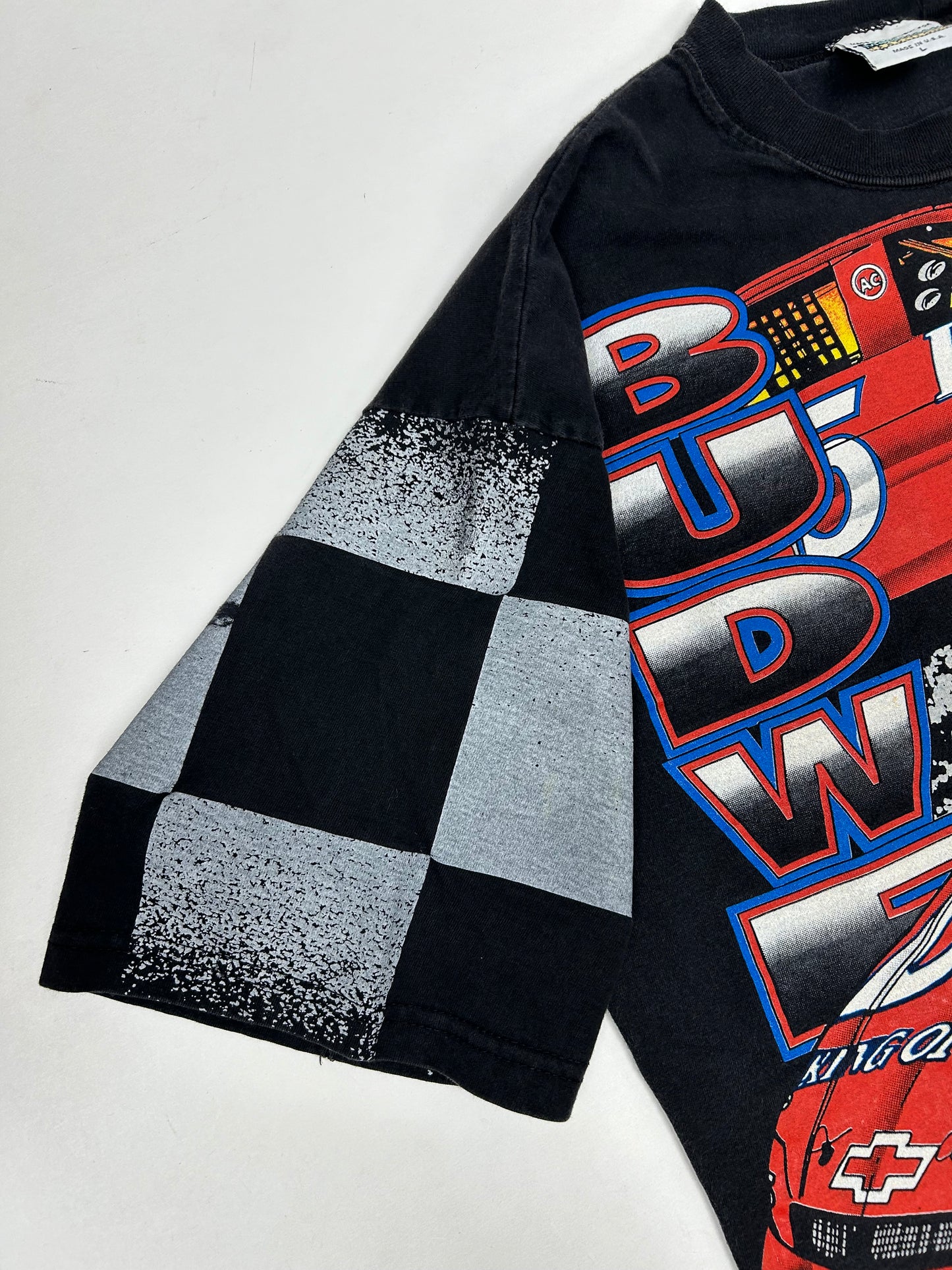 Vintage 90s Ken Schrader Bud Racing Budweiser NASCAR All Over Print AOP Tee Large 22.25x30.25 Inches