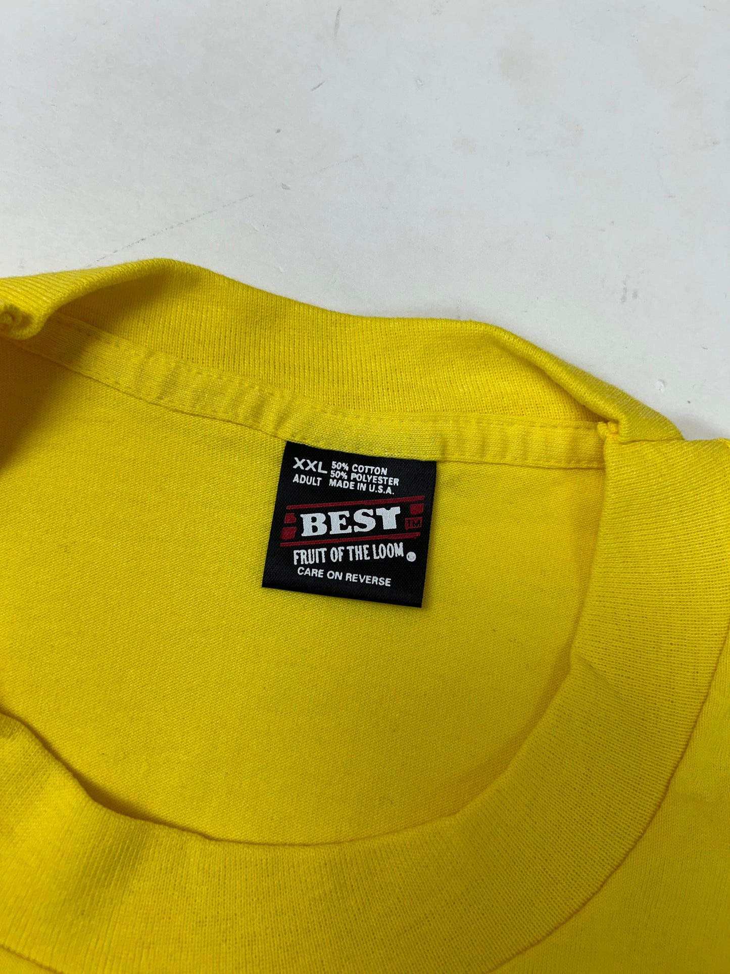 Edgewood NJ first edition “Deeper Than The Roots.” Tee 2XL 26.25x32.25 Inches 90s Fruit Of The Loom USA 50/50 Blend Bright Yellow