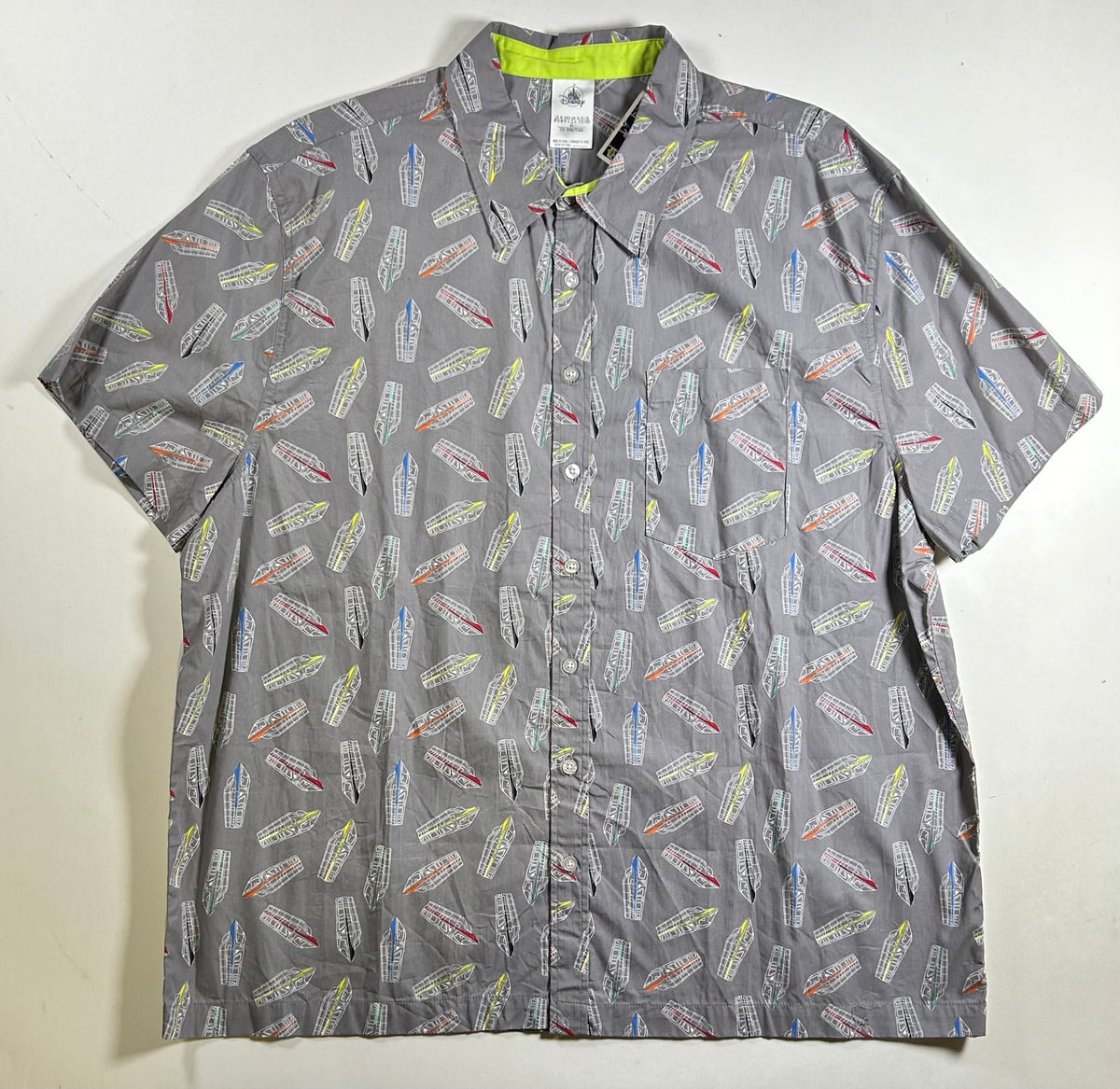Disney Parks Men's Monorail Trains All Over Button Down Short Sleeve Shirt XL 25.5x30.5 Inches.
