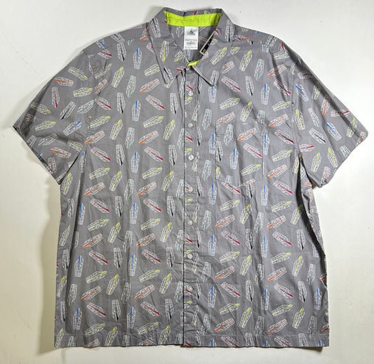 Disney Parks Men's Monorail Trains All Over Button Down Short Sleeve Shirt XL 25.5x30.5 Inches.