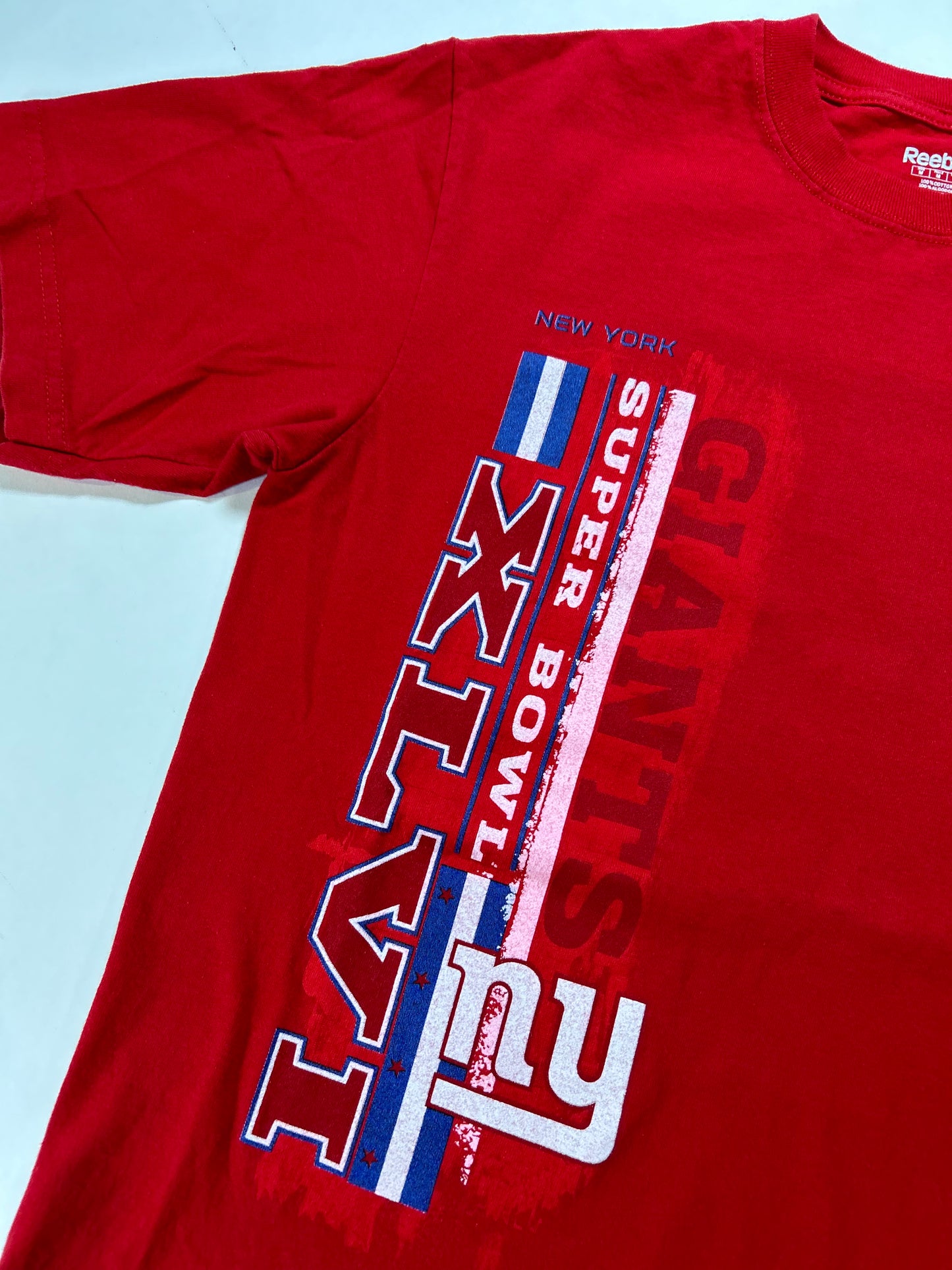 2012 Reebok New York Giants Super Bowl XLVI NFL Roster Tee Medium 19.5x28.25 Inches Red