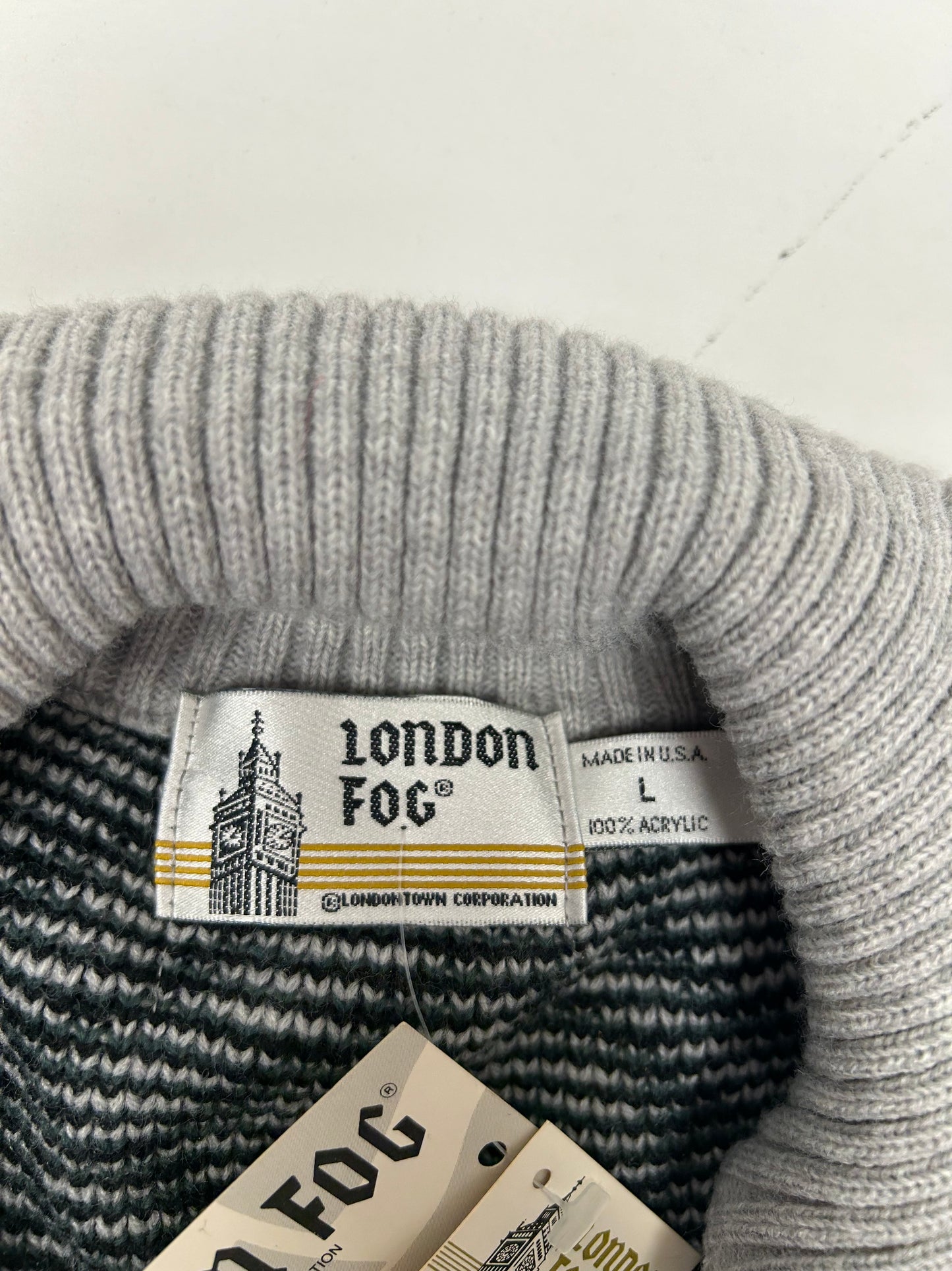 Vintage London Fog Sweater Gothic Zipper Sweater 100% Acrylic Full Zip USA Large 23.5x29 Inches