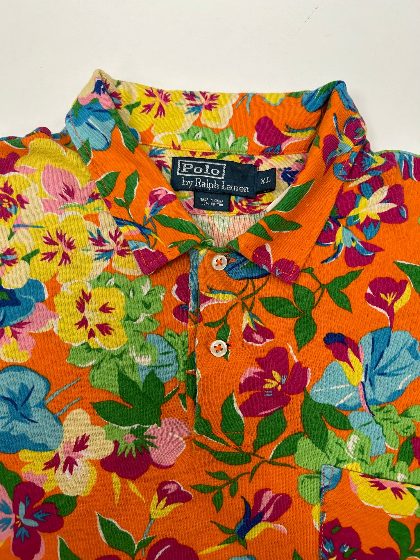 Vintage Polo Ralph Lauren Floral Pattern Hawaiian Polo Shirt XL Orange PCO-22W