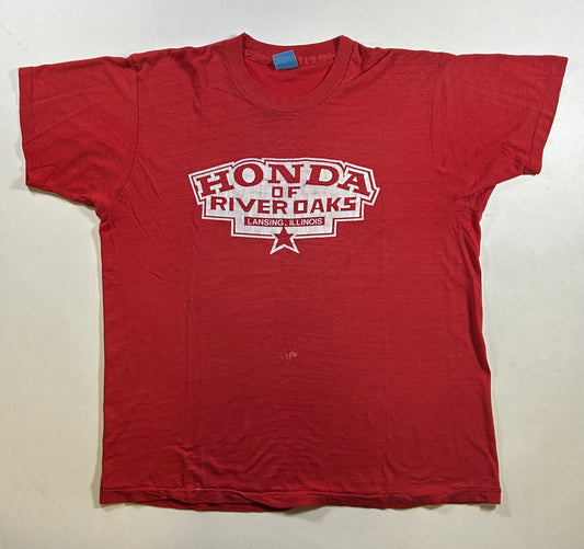 Vintage 80s Honda Or River Oaks Lansing, Illinois Intersport Cyle Inc. Bike Tee Thrashed Worn In As Is Large/Medium Fit 21.5x26 Inches
