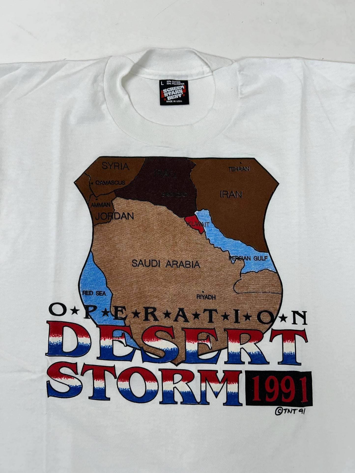 Vintage 1991 Operation Desert Storm Support The Troops Tee Medium Fit 19.75x27 Inches White