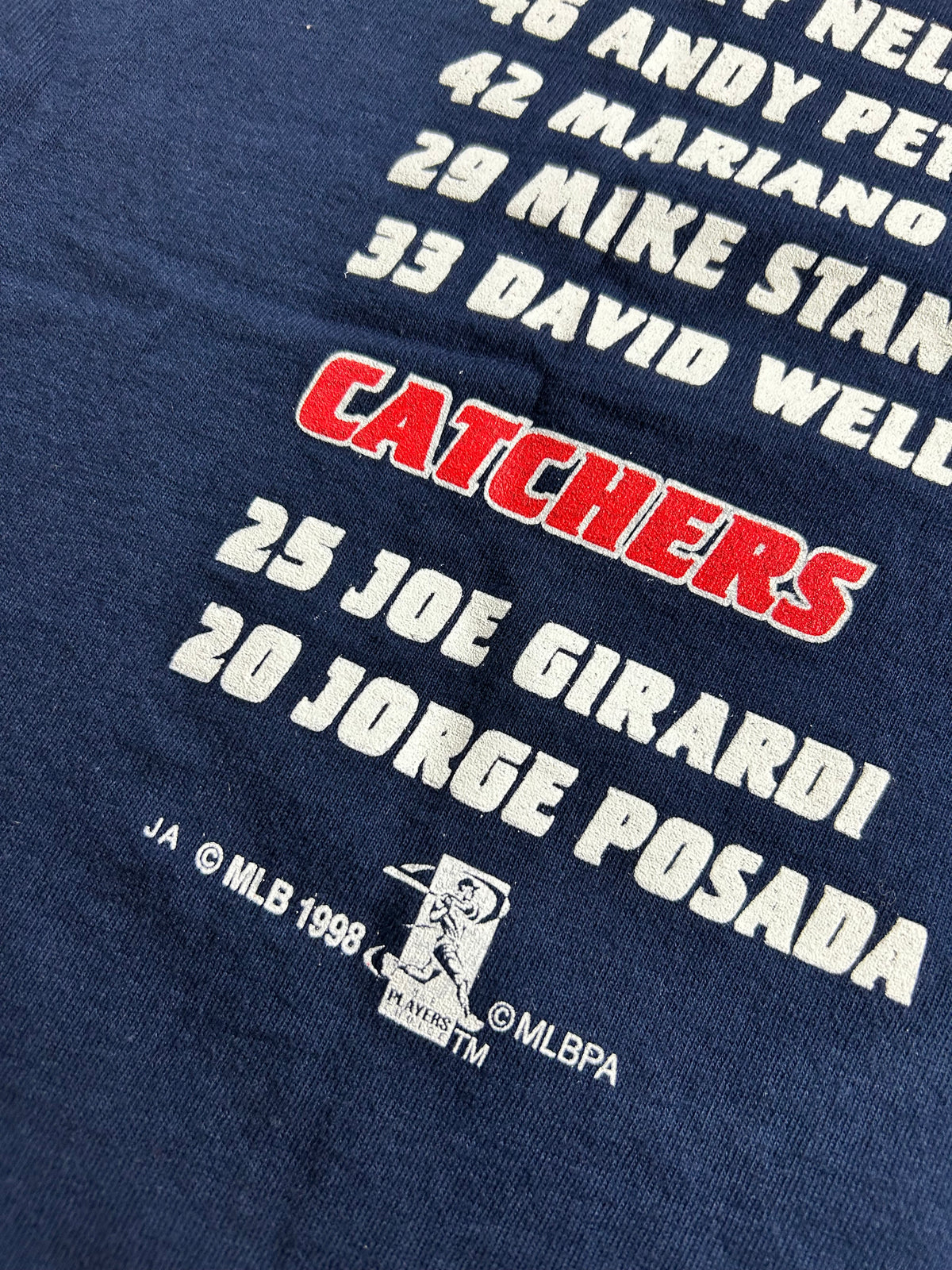Vintage New York Yankees 1998 World Series Champs Lineup Roster Tee Large 21.25x30.25 Inches