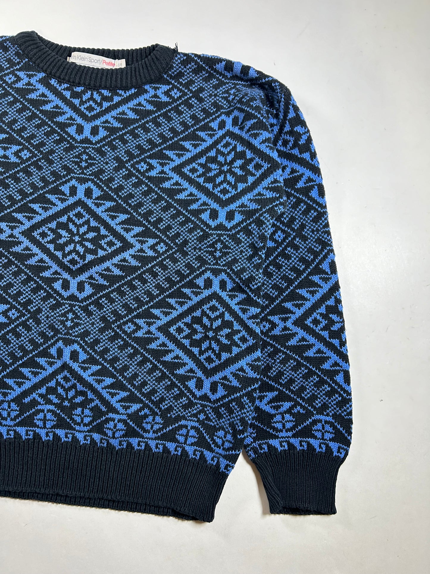 Vintage Calvin Klein Sport Petite Blue Black Geometric 90s USA Made Small Women’s 19x22 Inches