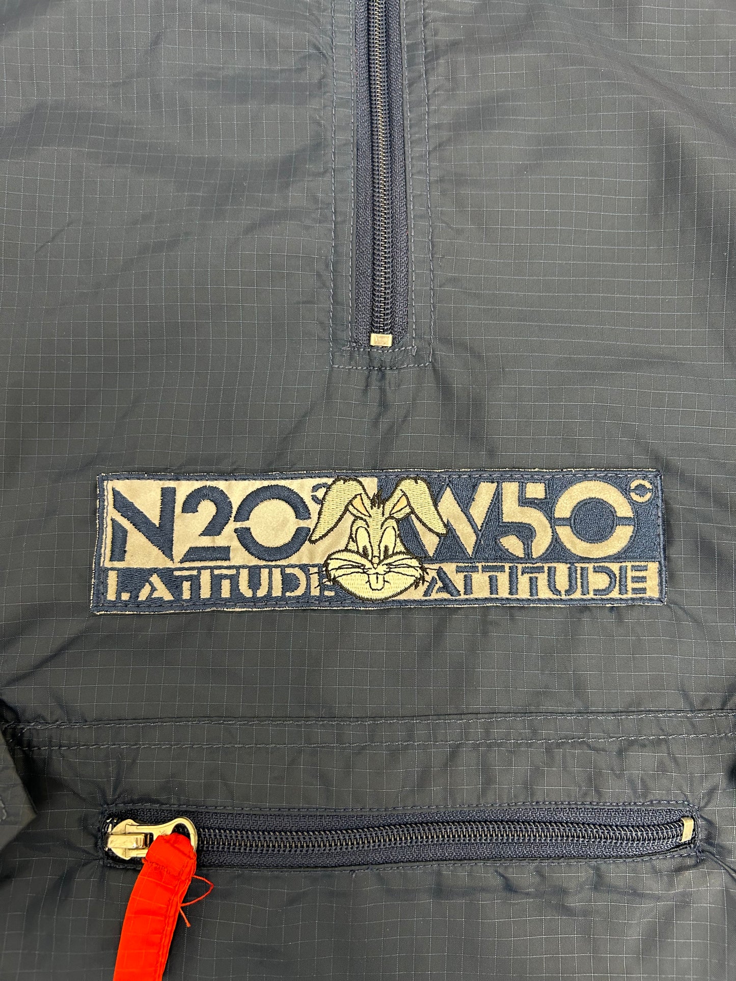 Vintage 1996 Warner Bros. Looney Tunes Bugs Bunny Longitude/Latitude Windbreaker Jacket Large 27.25x29.25 Inches Can Fit XL