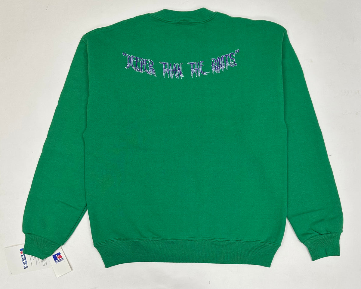 Edgewood NJ “Deeper Than The Roots.” First Edition Crewneck Sweatshirt Tagged Youth Large 90s Russell Athletic 50/50 Blend Made In USA DS Kelley Green 19.5x24