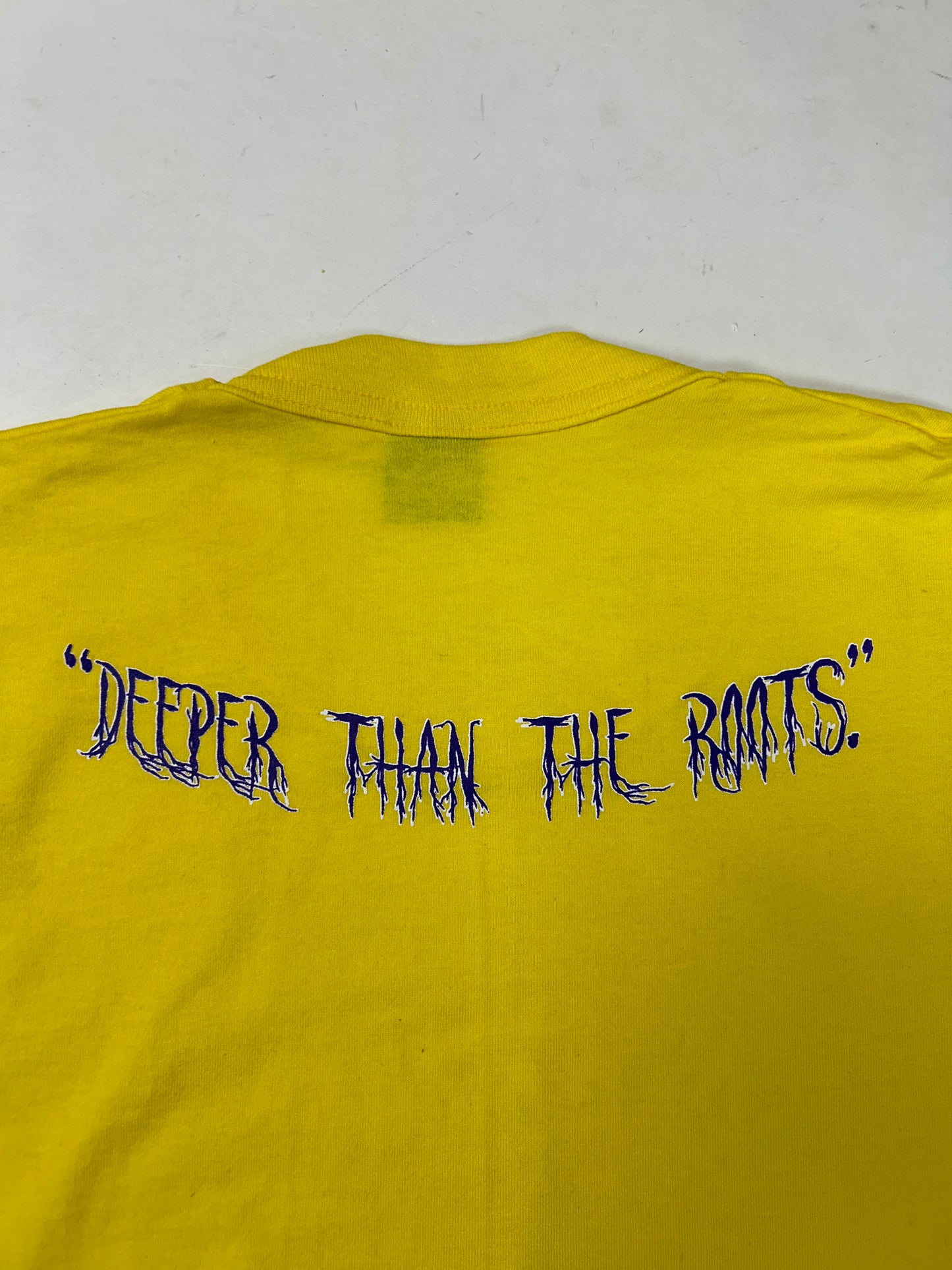Edgewood NJ first edition “Deeper Than The Roots.” Tee 2XL 26.25x32.25 Inches 90s Fruit Of The Loom USA 50/50 Blend Bright Yellow