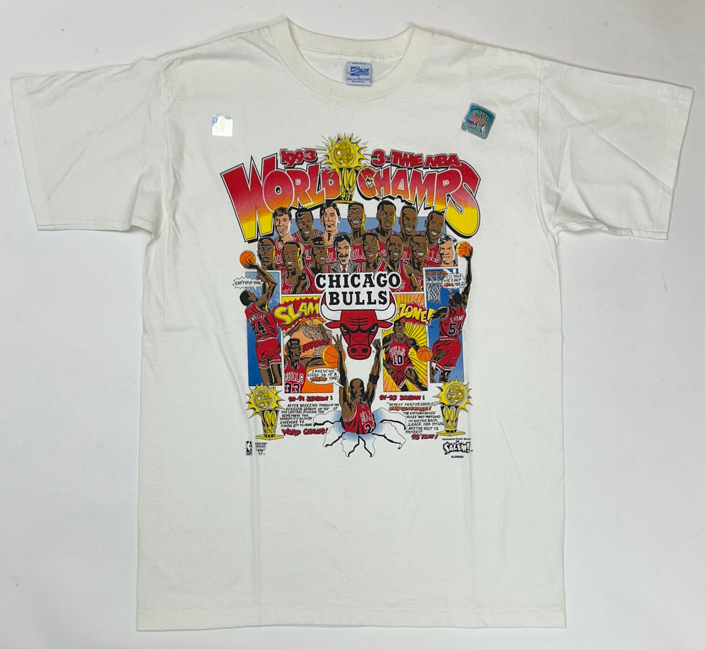 Vintage 1993 Chicago Bulls 3 Time NBA World Champs Caritcure Team Comic Strip Salem Sportswear Tee DS New With Sticker Large
