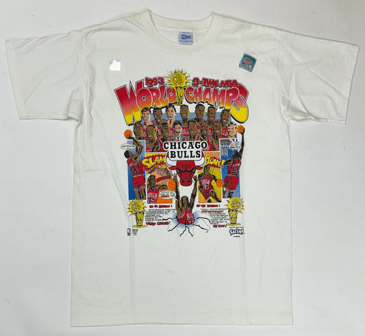 Vintage 1993 Chicago Bulls 3 Time NBA World Champs Caritcure Team Comic Strip Salem Sportswear Tee DS New With Sticker Large
