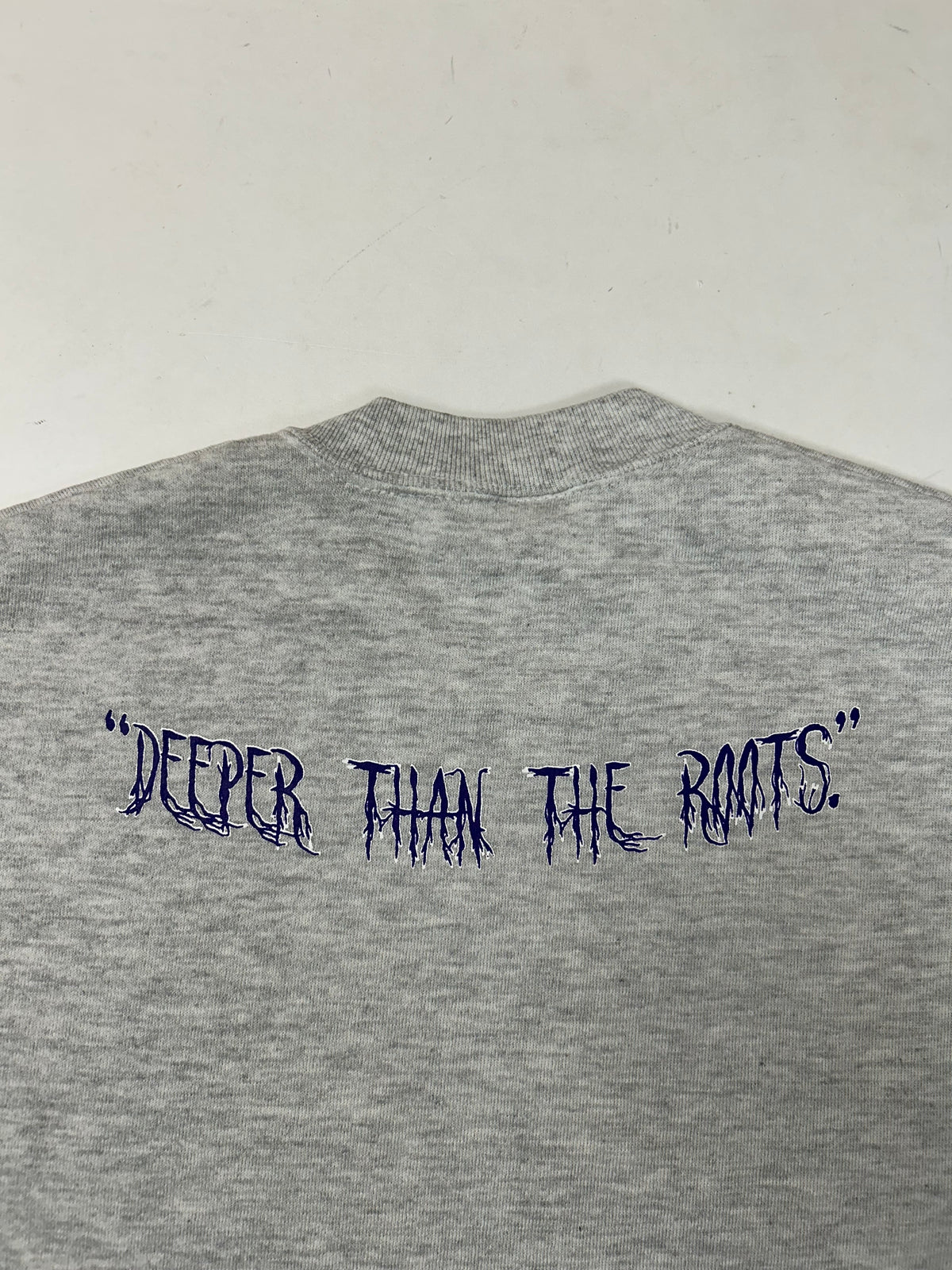 Edgewood New Jersey Deeper Than The Roots Crewneck Sweatshirt Jerzees Tag 50/50 Blend USA Heather Gray Thin Boxy Fit 24.5x25.75 Inches As Is