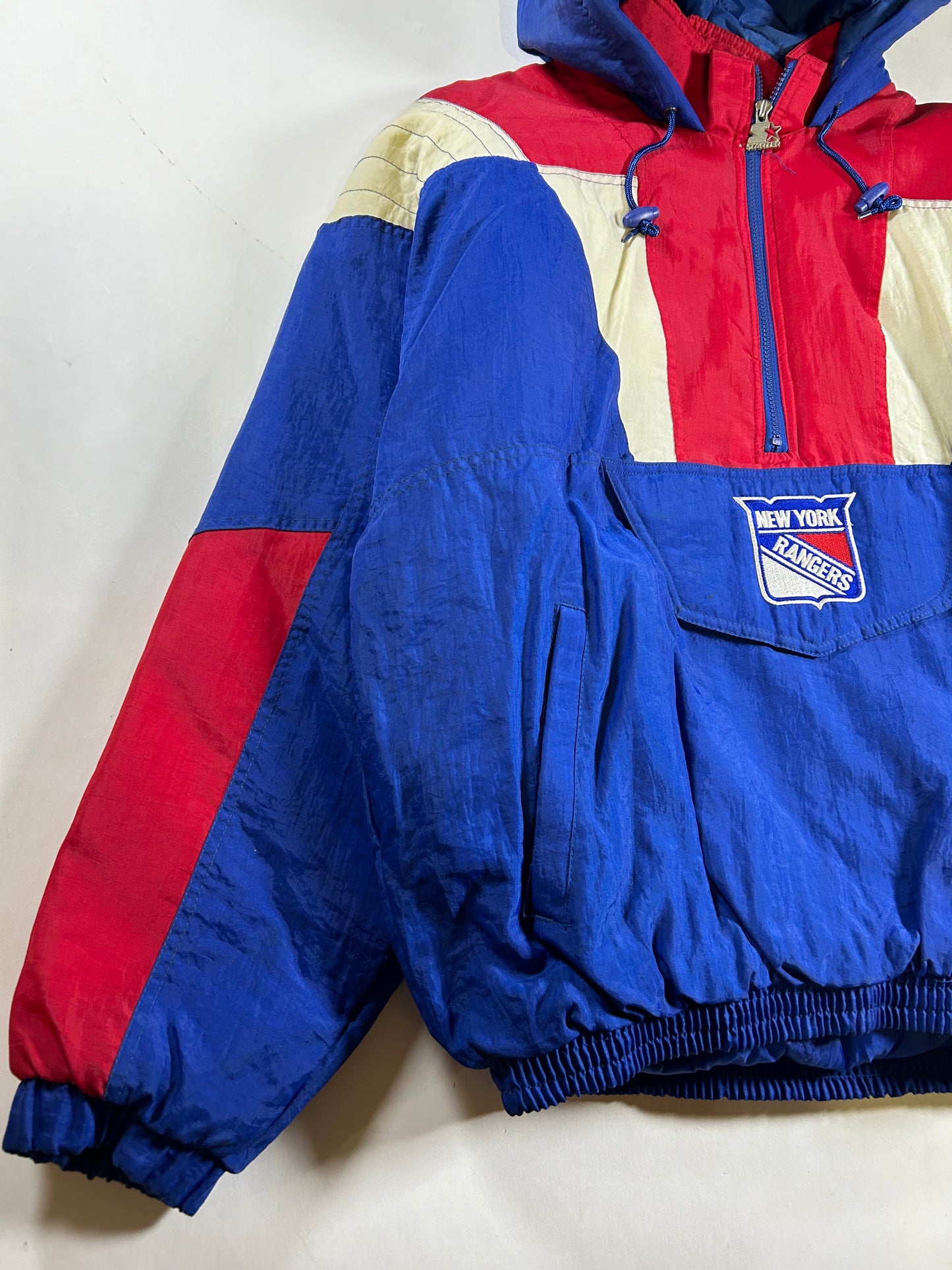 Vintage 90s Starter New York Rangers NHL Pullover Puffer Jacket Half Zip Hooded Jacket XL 29x30.25 Inches