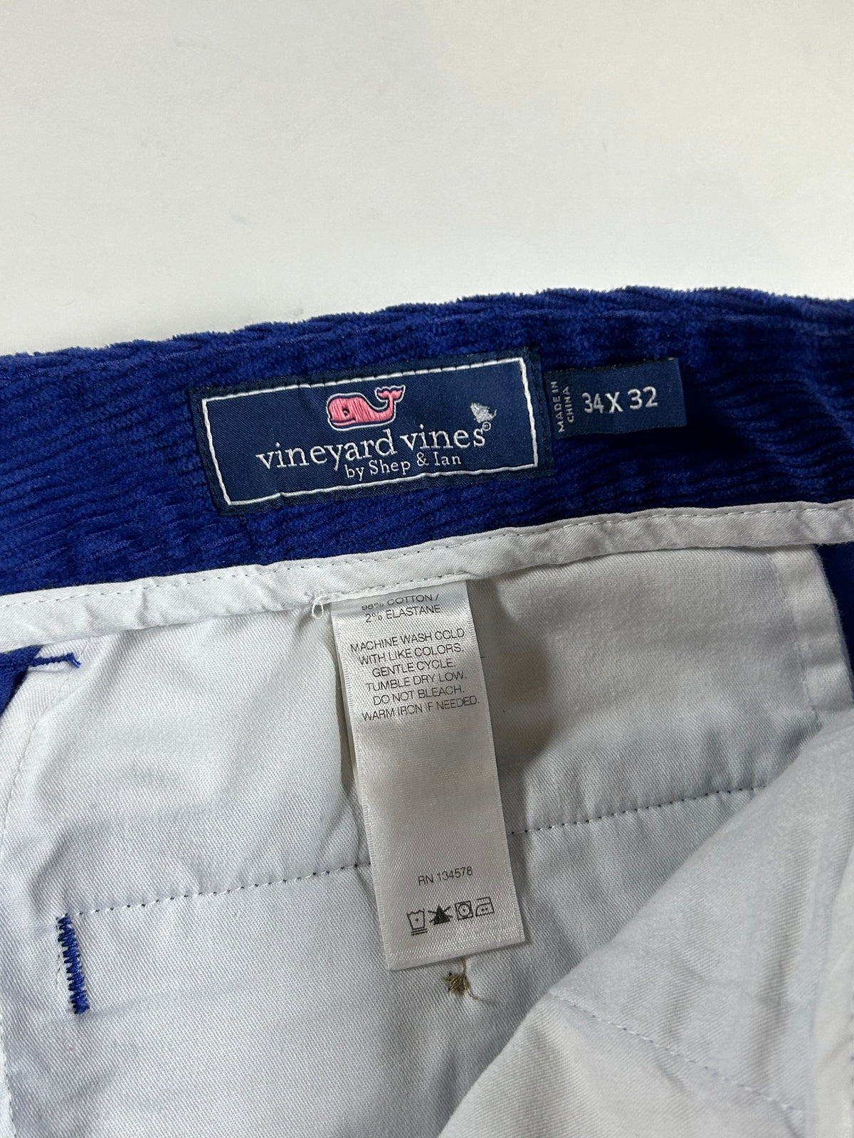 Vineyard Vines Corduroy Slim Stretch Breaker Pants 34x32 Royal Blue Preppy 2015 About 18x42 Inches
