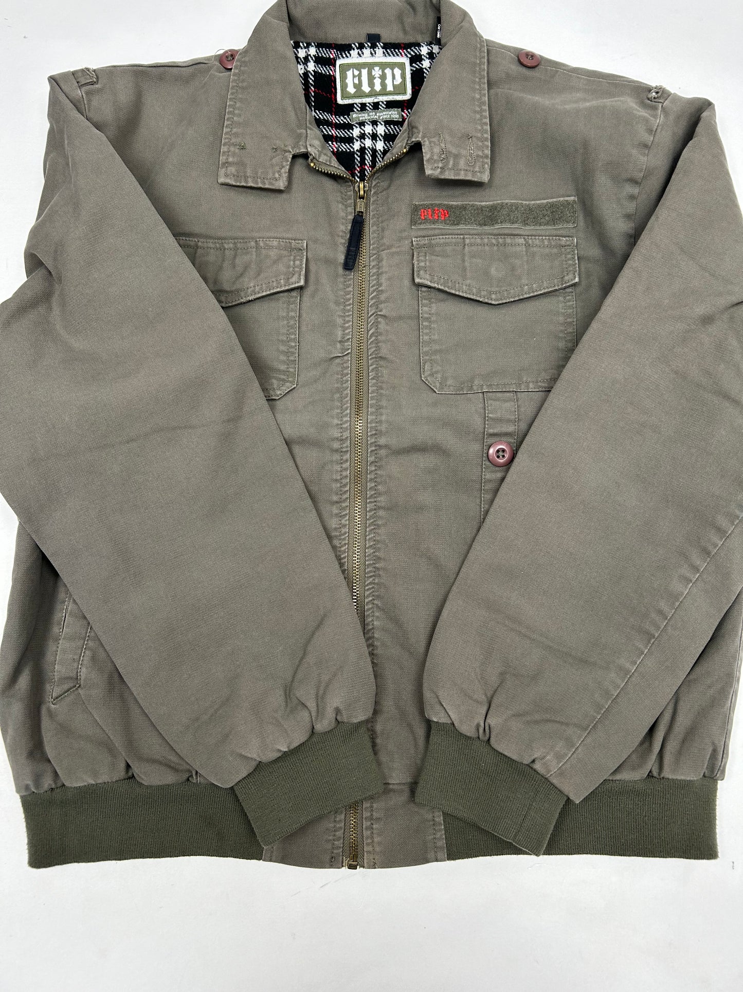 Vintage Flip Skateboards Army Military Style Zip Skateboarding Jacket Medium 24.5x27.25 Inches