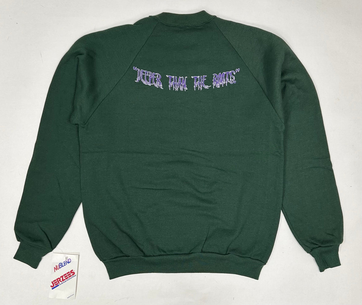 Edgewood NJ first edition “Deeper Than The Roots.” Crewneck Sweatshirt Tagged Large Fits Like Small/Medium 21.5x26.75 Inches Ragland Jerzees Tag BNWT Forest Green
