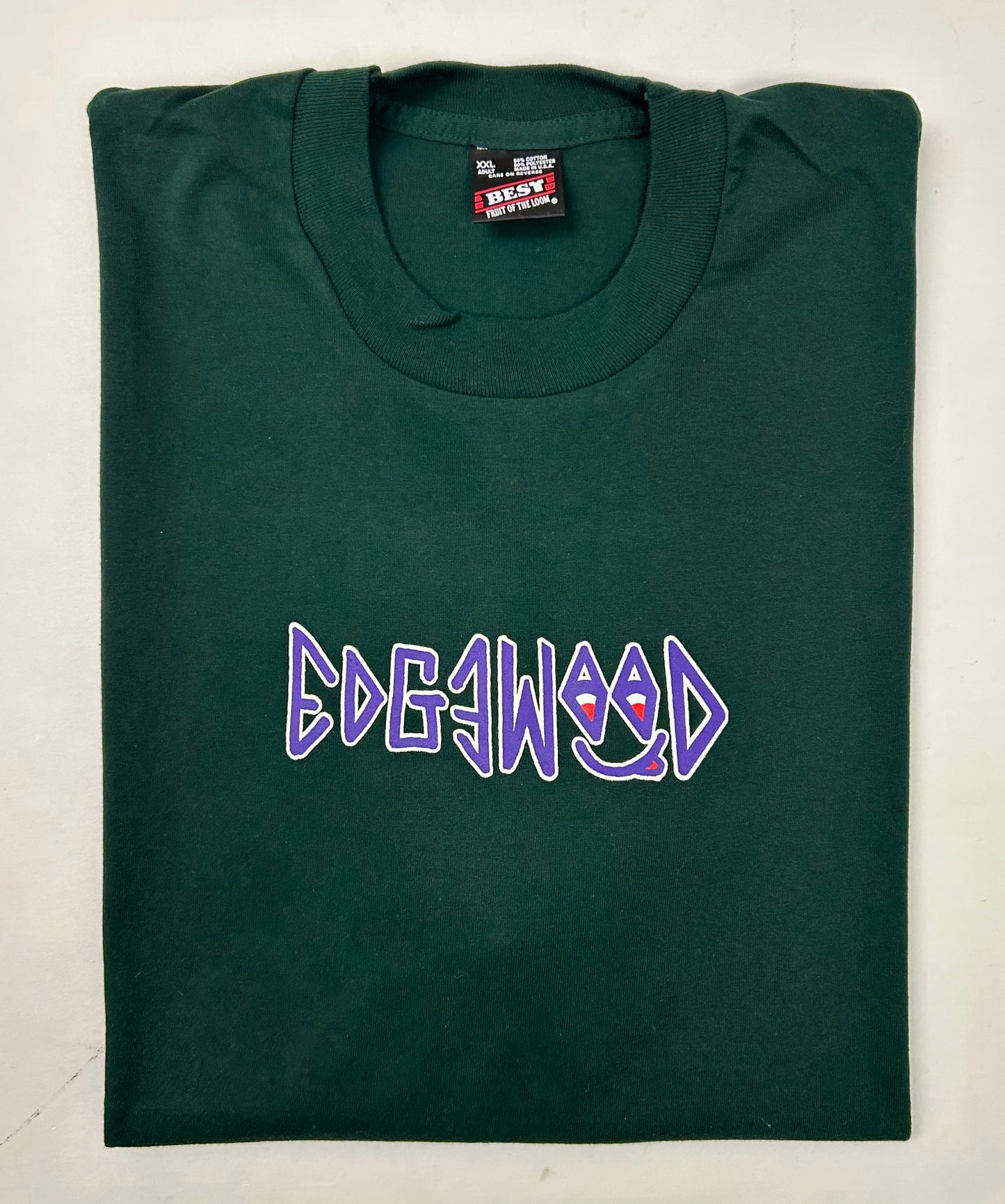 Edgewood NJ first edition “Deeper Than The Roots.” Tee 2XL 90s Fruit Of The Loom USA 50/50 Blend Dark Forest Green