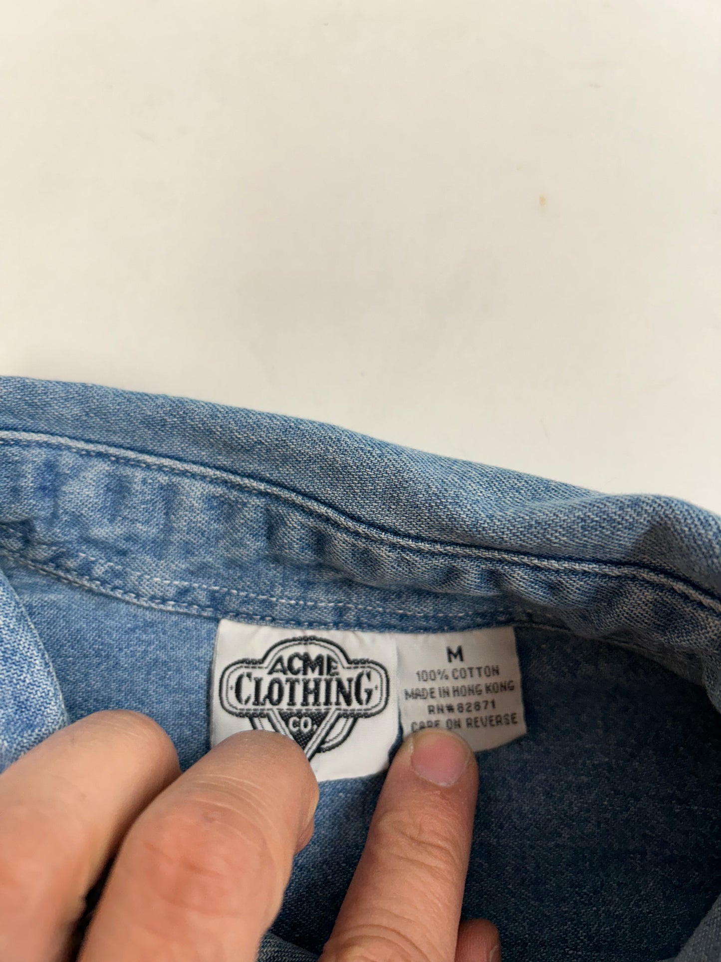 Vintage 1993 Acme Clothing Co. Warner Bros Football Embroidered Logo Denim Button Up Shirt Medium 23.75x30.75 Inches